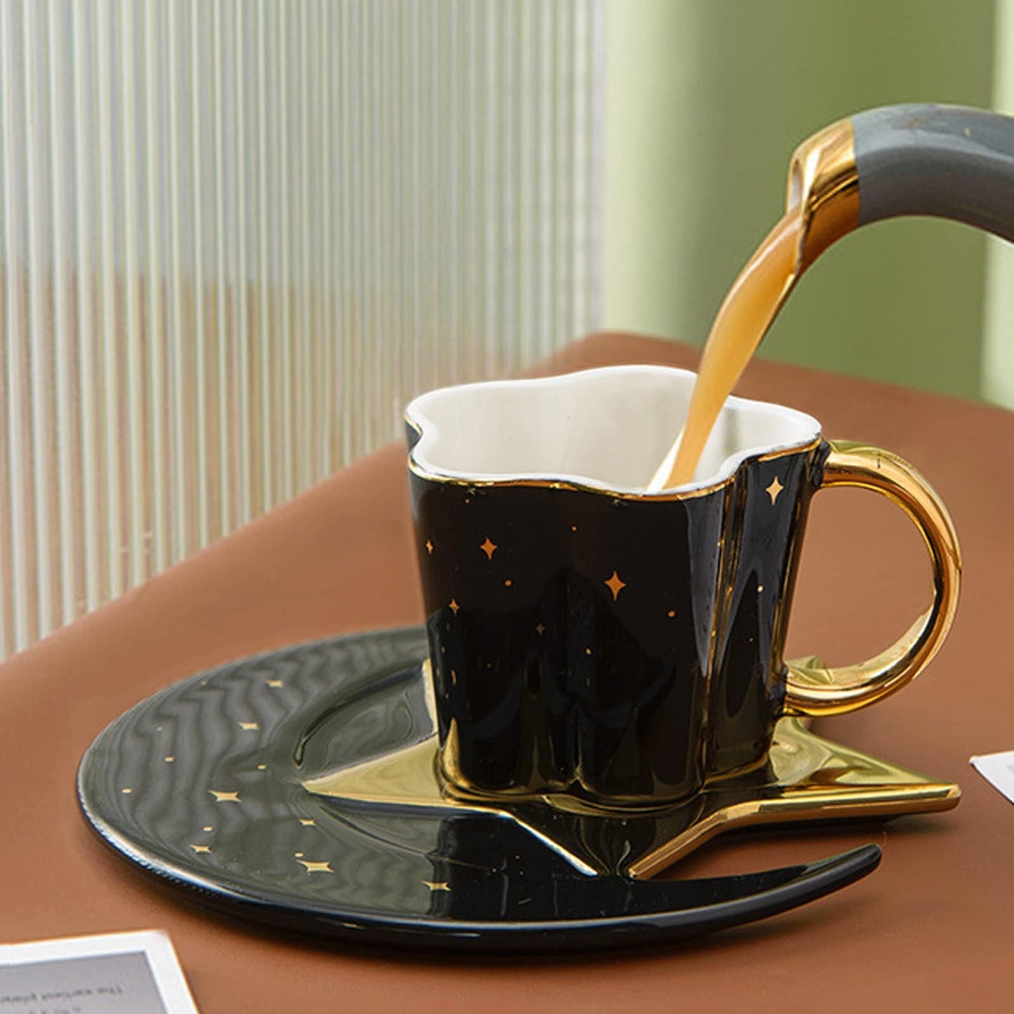 4.2 Ounce Irregular Ceramic Coffee Cup,Gold Plate Handle Mug,Moon and Star Shape Coffee Tea Cup and Saucer Sets with spoon,for Cappuccino,Tea,Cocoa,Cereal,Hot Chocolate (Black with Golden)
