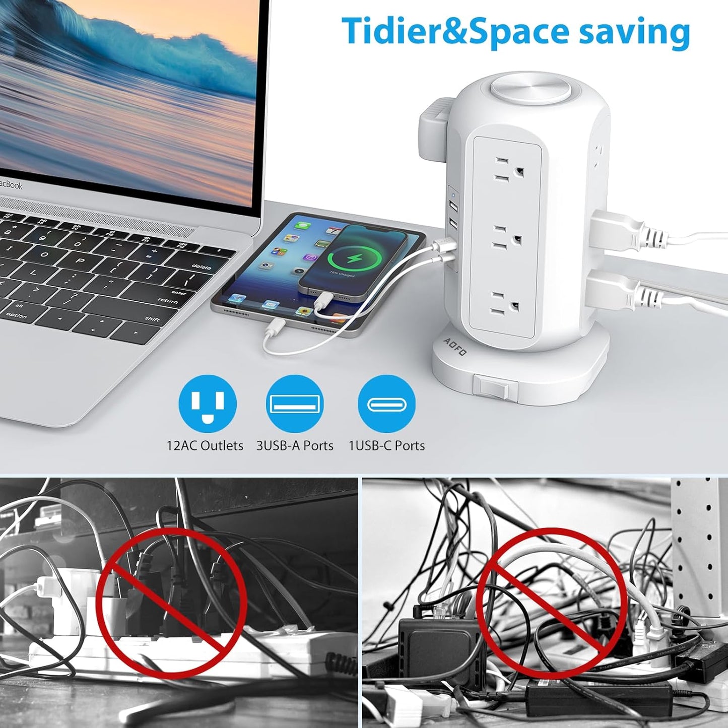 AOFO 12 4 USB(1 10Ft Tower Power Strip Flat Plug with Outlets USB C), Surge Protector Charging Station with Overload