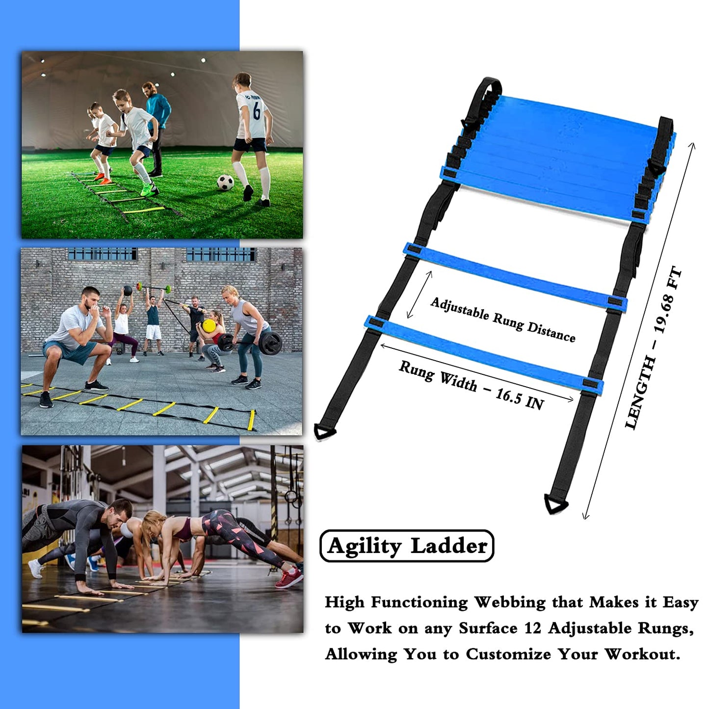 HLYWEI Speed Agility Training Set, Includes 1 Agility Ladder, 4 Steel Stakes, 1 Sports Headband,1 Jump Rope, 10 Disc Cones and Gym Carry Bag - Speed Training Equipment for Soccer Football Basketball