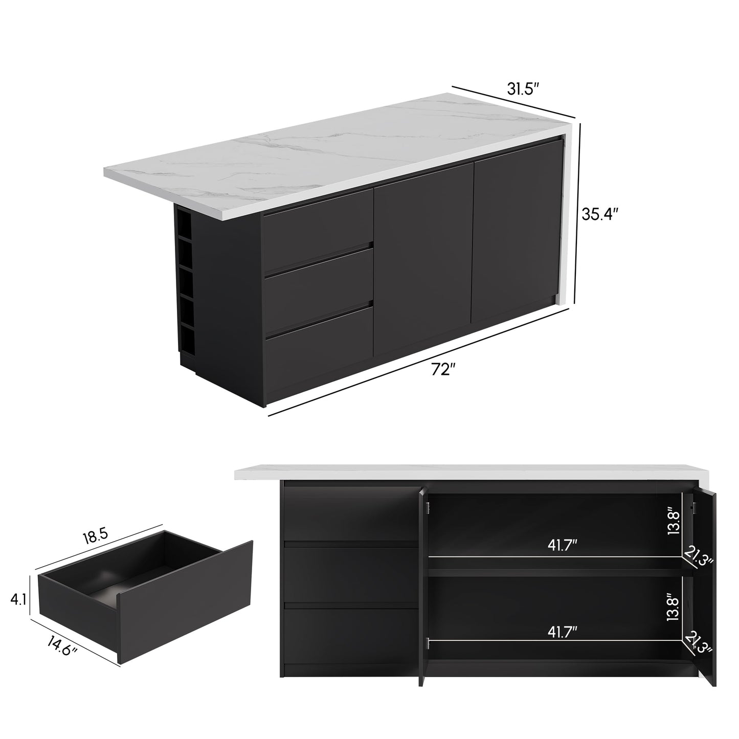 homary Kitchen Island with Storage & Wine Rack, 72" Modern Black Kitchen Cabinet with Wood Top, Large Fixed Island with 3 Drawers & 6 Adjustable Shelves, Without Bar Stools