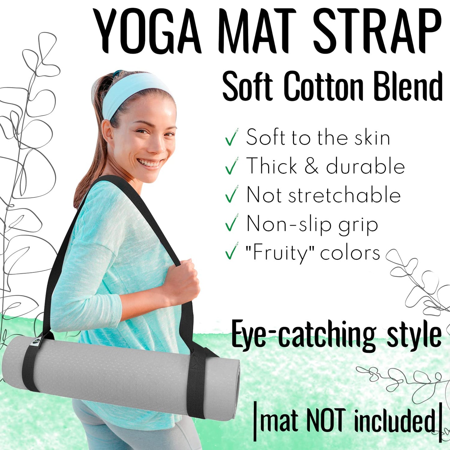 TECEUM Yoga Mat Strap – Black & 30+ Colors – Adjustable Mat Holder Sling Career for All Mats [Mat Not Included]