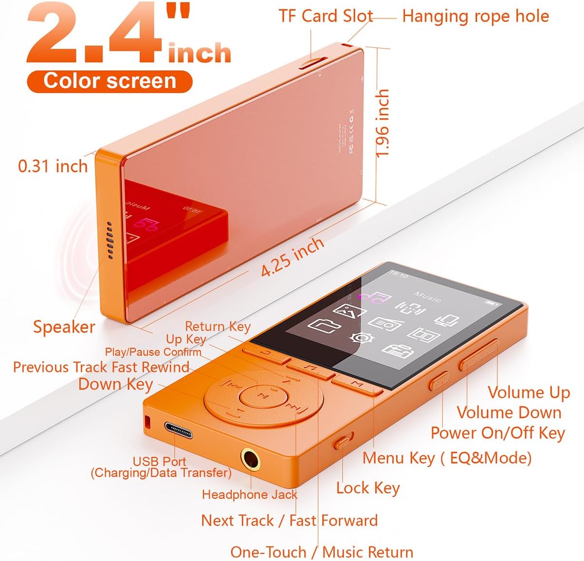 Aiandcc 64GB MP3 5.3, 2.4", MP3 128GB, Player with Bluetooth Color Screen Music Player with HiFi Sound, Players Built