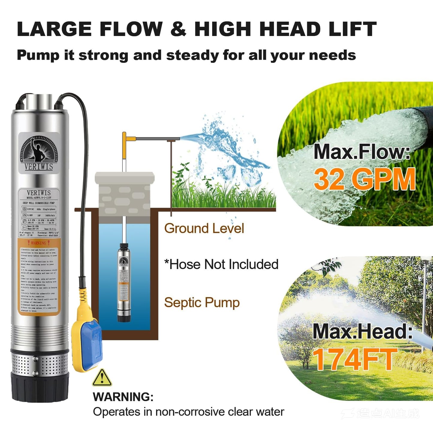 VERIWIS 3/4HP Submersible Septic Tank Pump 4" Stainless Steel Effluent Cistern Pump 32GPM 174FT Head with 33FT UL Cord and Float Switch 115V 60Hz for Home Deep Well, Irrigation, Drainage