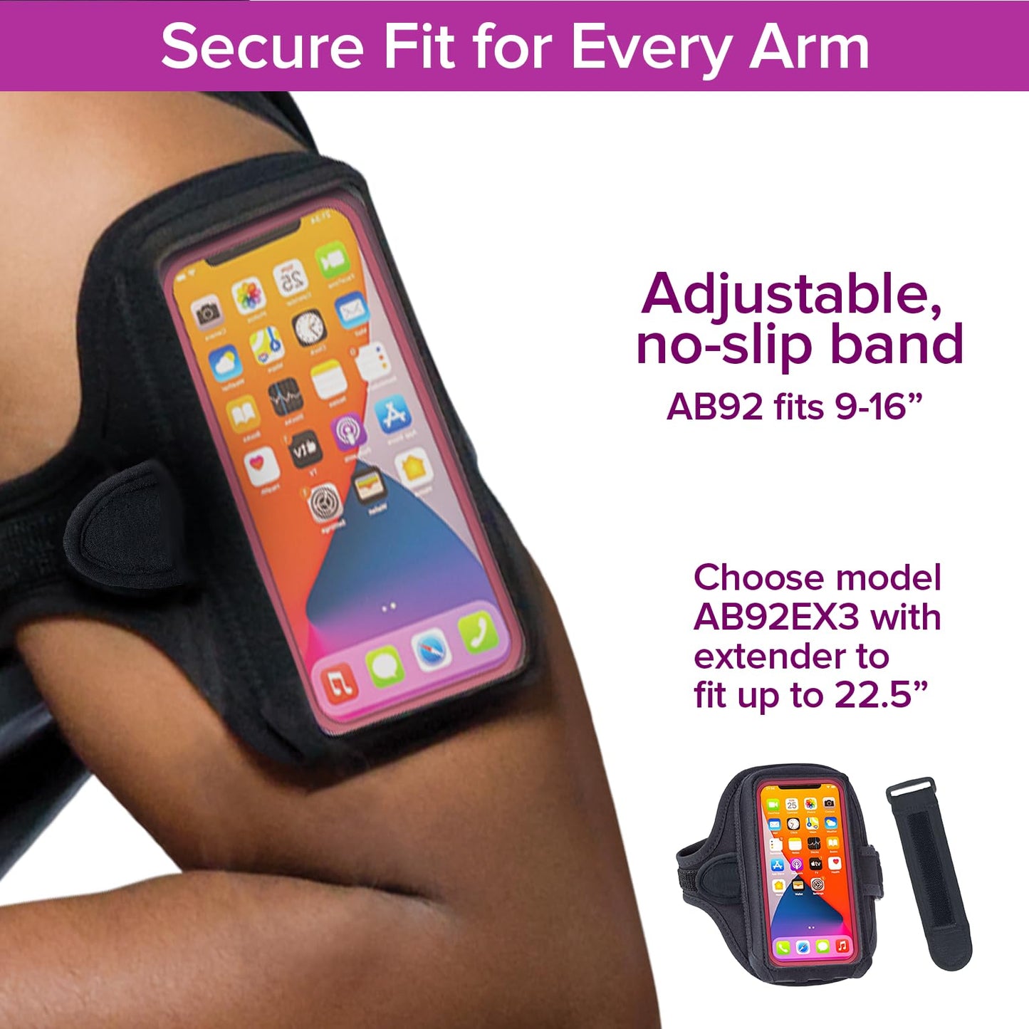 Tune Belt AB92 Cell Phone Armband for Running - Fits iPhone 17/16/15/14/13 Pro Max, Plus, Samsung Galaxy Ultra/Plus/Note and Large Phones with Protective Cases, Sweat-Resistant Exercise Holder (Black)