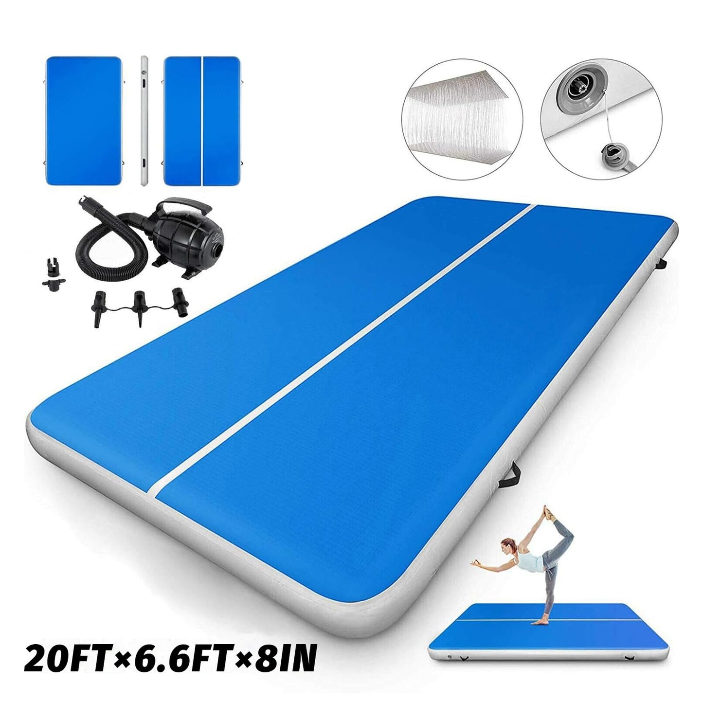 ERfairdeal Air Gymnastics Track Mat 20FTx6.6FTx8 inches Thickness Gymnastics Tumbling Air Mat Inflatable Tumble Track with Electric Air Pump for Gym/Training/Yoga/Home use/Exercise/Cheerleading/Water