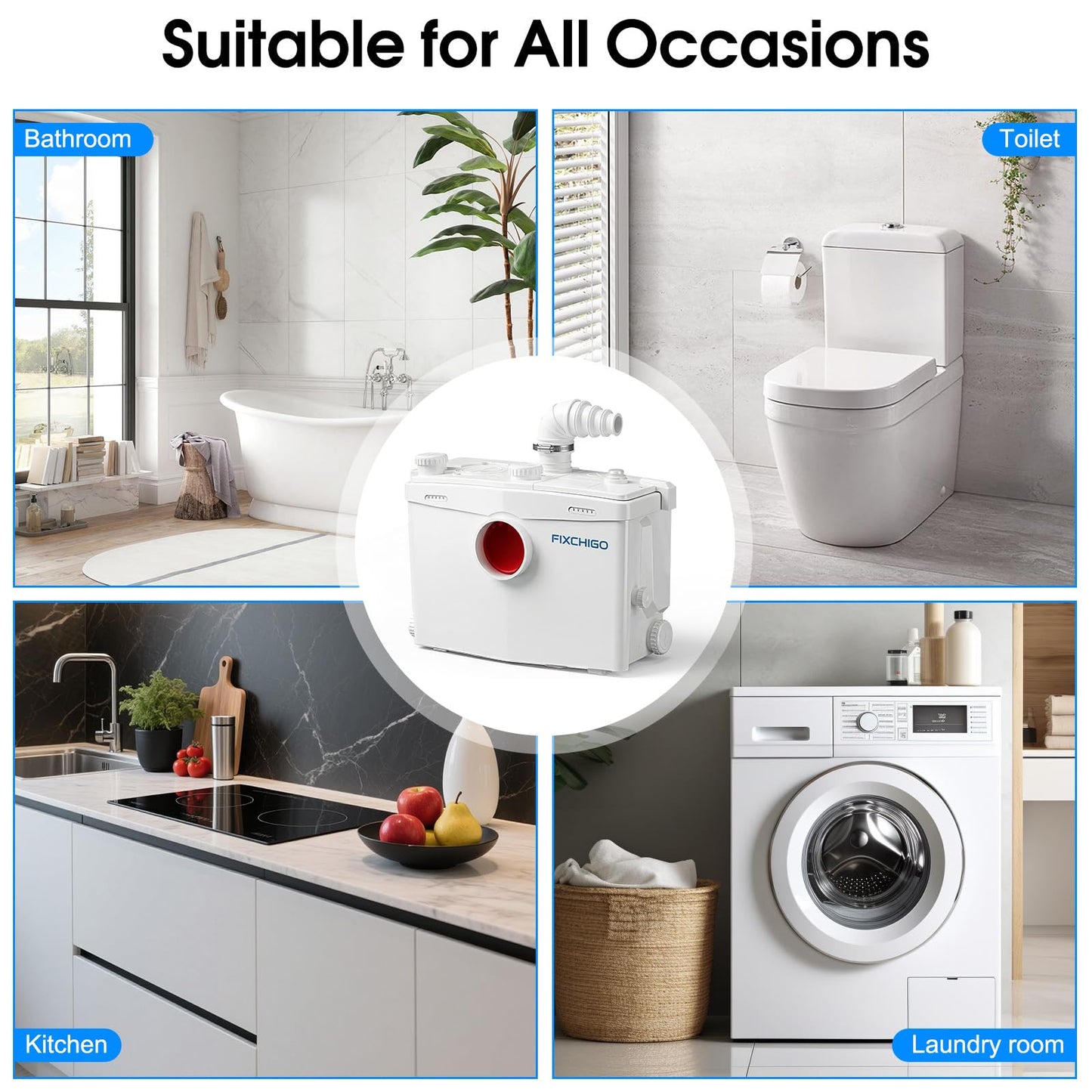 FIXCHIGO 1000W Macerator Pump, Macerating Toilet System with 4 Inlets/2 Outlets, 40 GPM Flow, 29.5 FT Head, PCB Smart Control Sewage Pump for Basement, Sink, Toilet, Laundry, Kitchen
