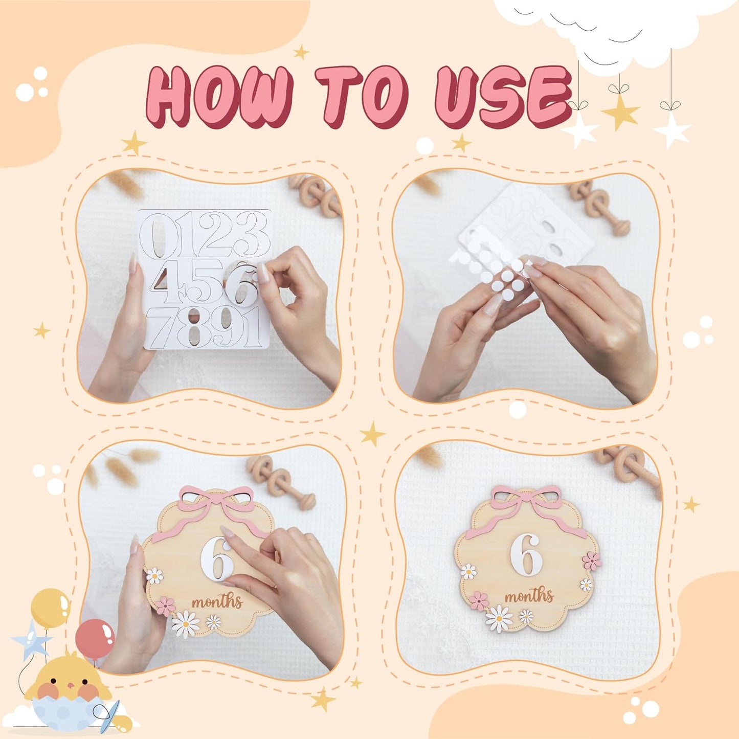 TTMerriwood Set 112 Wooden Baby Monthly Milestone Sign with Pink Bow, Month Cloud Shape Photo Prop, Floral Baby Girl
