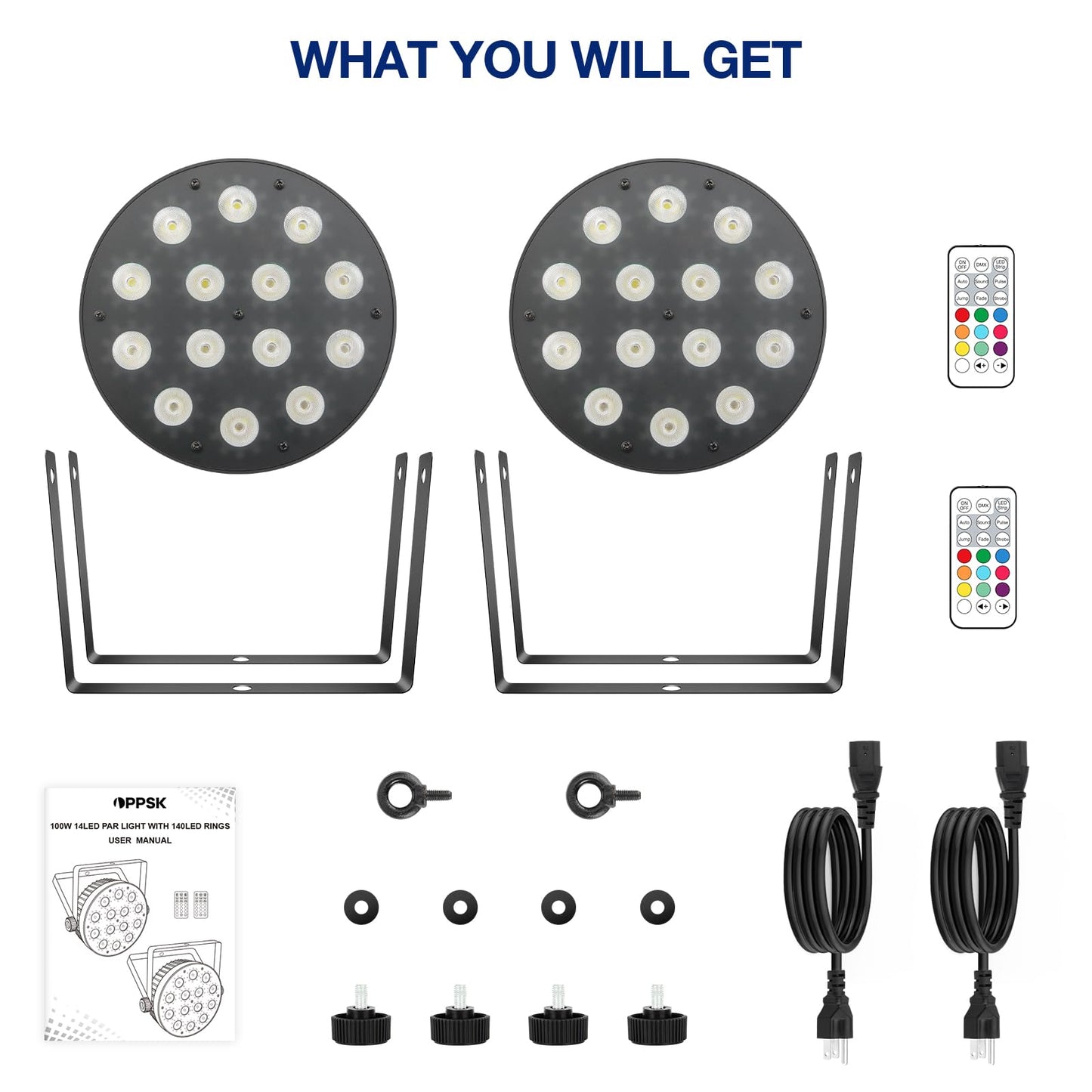 OPPSK LED Stage Par Lights: 2Pack 100W Dual-Effect 10 Ring LED Surrounded 14 RGBW Par Can - Dimmable Sound Activated - Remote & DMX Control - Uplights for DJ Wedding Party Club Bands Stage Lighting