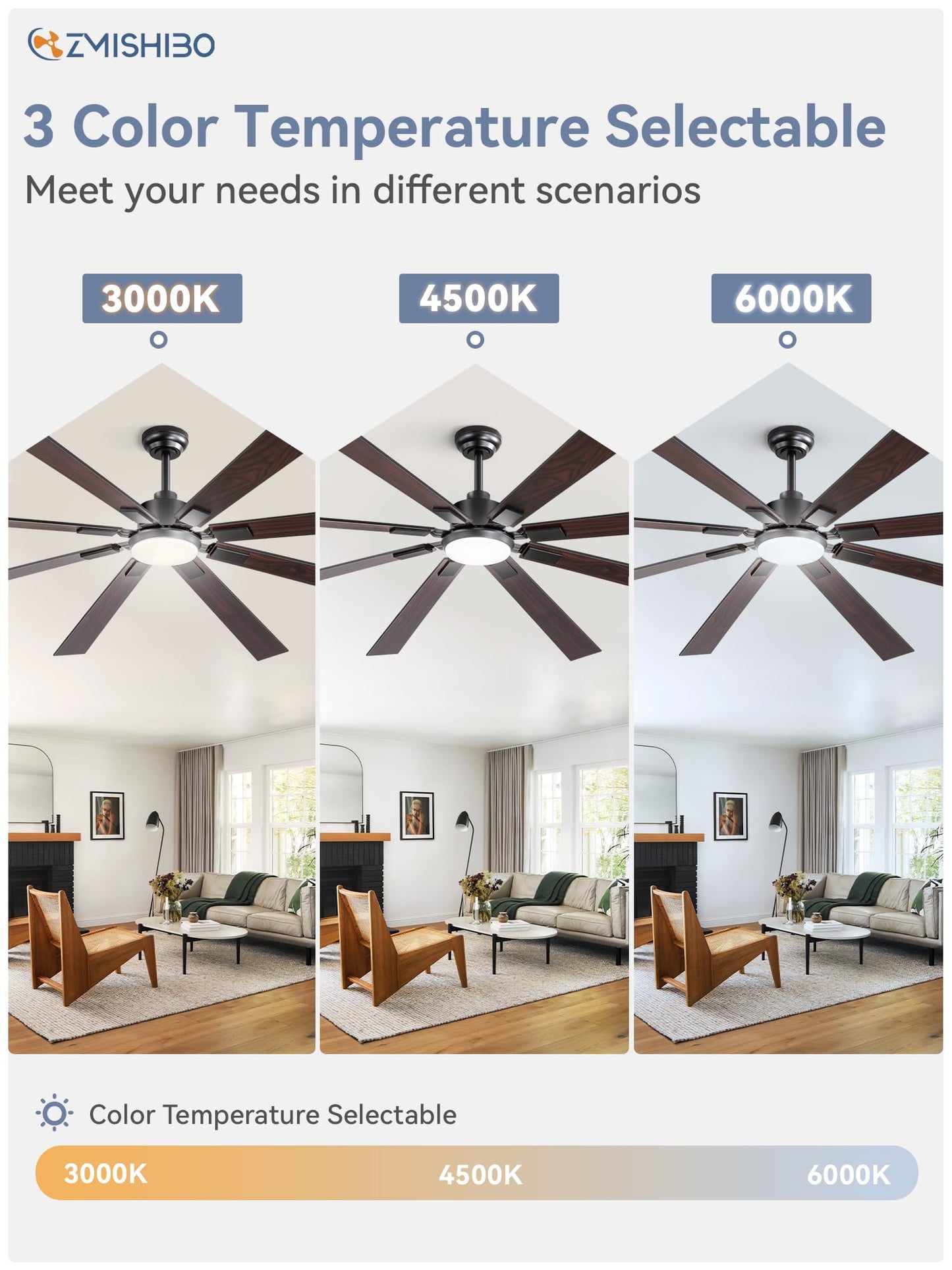 ZMISHIBO 80 inch Large Ceiling Fans with Lights and Remote, Indoor/Outdoor Black Modern Ceiling Fan for Kitchen Living Room Patio, 6 Speed Reversible Quiet DC Motor, 3 CCT, Dual Finish 8 Blades