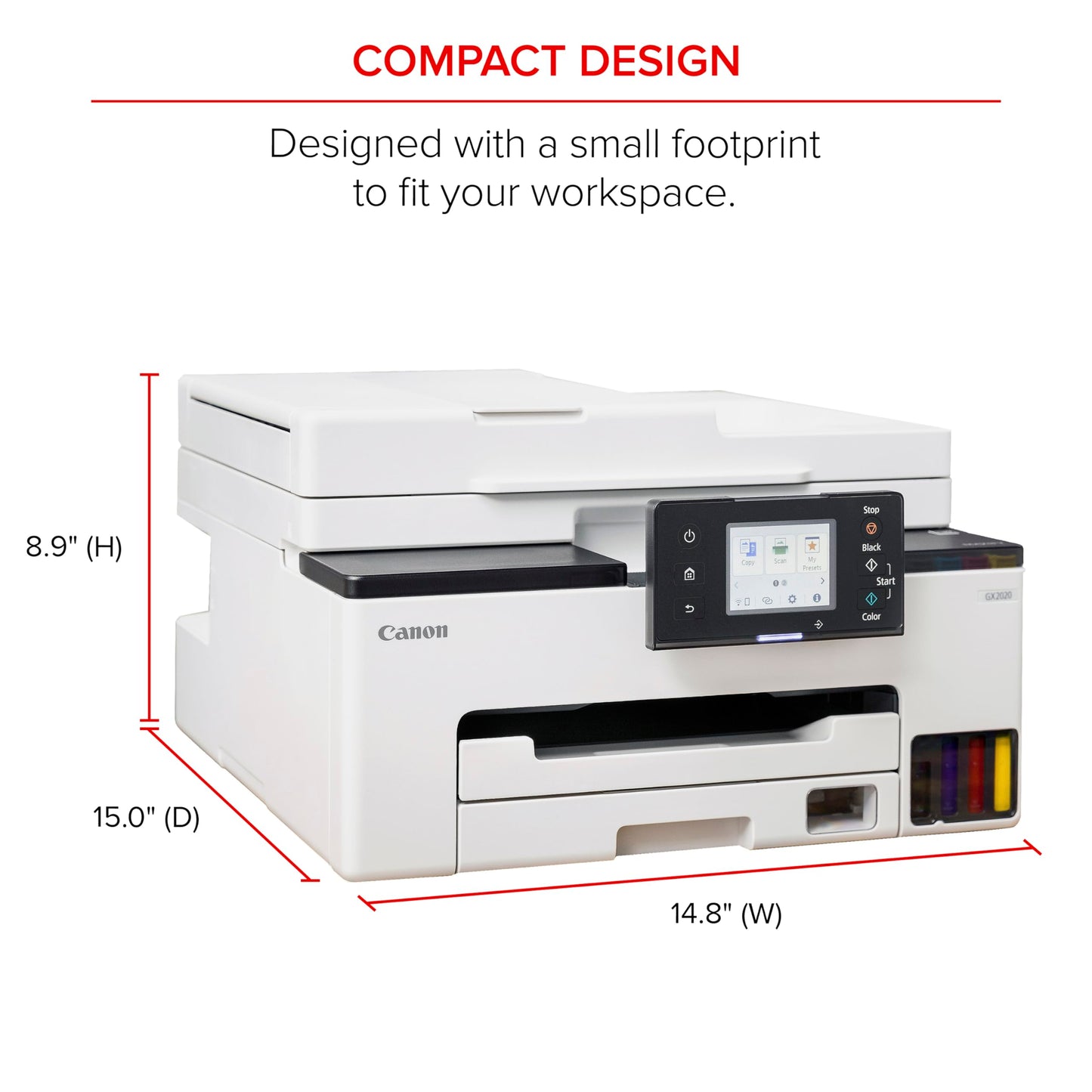Canon MegaTank MAXIFY GX2020 All-in-One Wireless Color Printer – Print, Copy, Scan with Duplex Printing – Refillable Tank System, Compact Desktop Design – Wireless Print Scan Copy for Home & Office