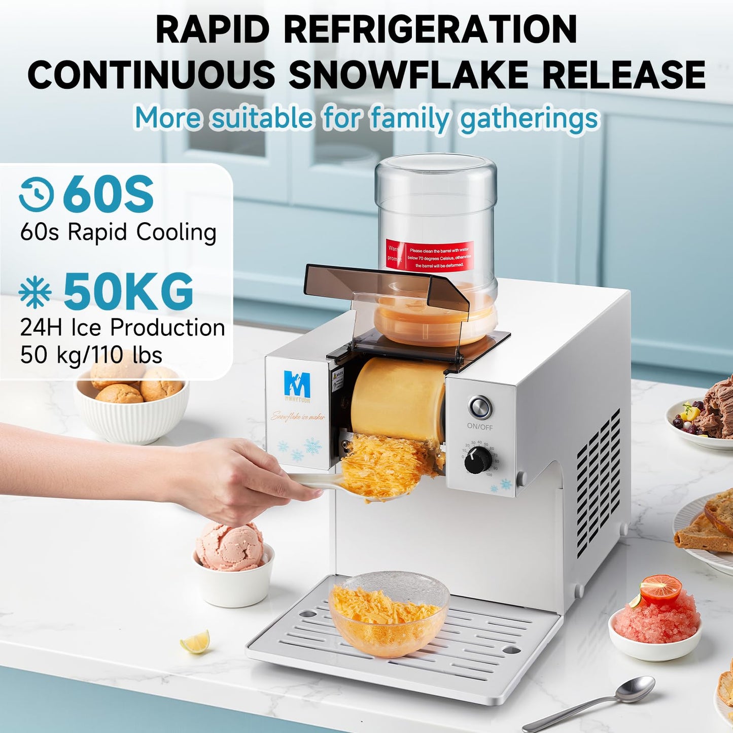 MWNYTUOH Snowflake Ice Machine,260W Shaved Ice Machine for Snowflake, Rapid Cooling, Food-Grade Stainless Steel Material, Snowflake Ice Maker for Kids/Homemade Ice Cream,Suitable for Party＆Homemade