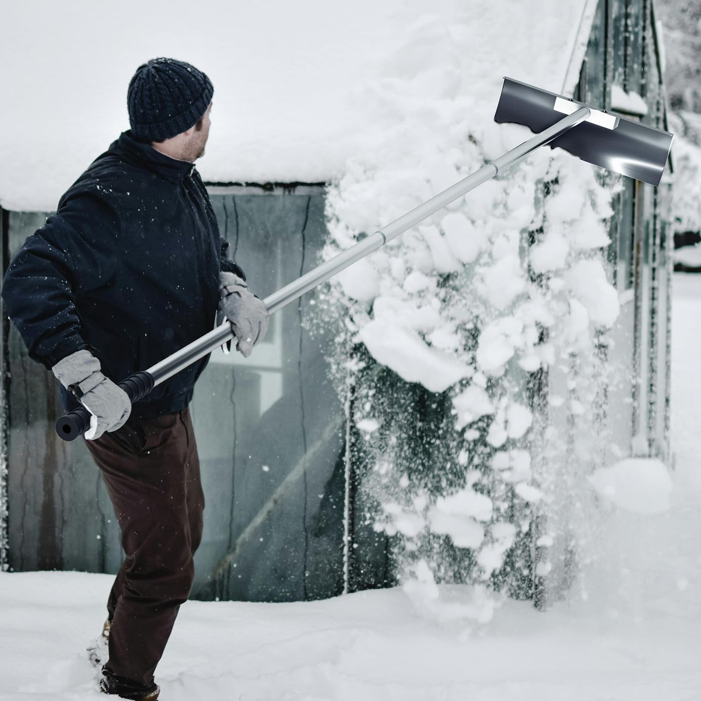 Stainless Steel Roof Rake: 2-16.5 FT Extendable, All-Stainless Construction (Head & Pole), Heavy-Duty & Durable,, Anti-Slip Grip