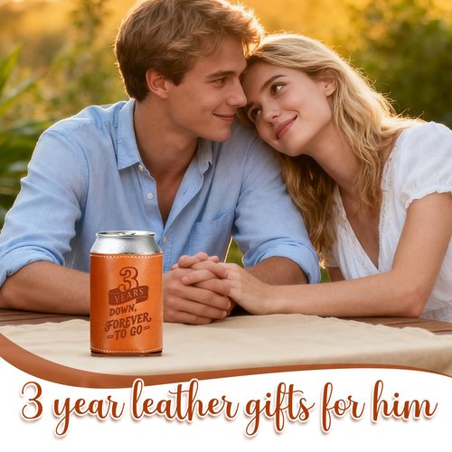 Leather 3rd Anniversary Wedding Gifts for Him Men, 3rd Anniversary Engagement Gift for Husband Dad Grandpa, 3 Year Leather Presents, Leathe r Can Cooler for Mens 12Oz, 3 Year Anniversary items