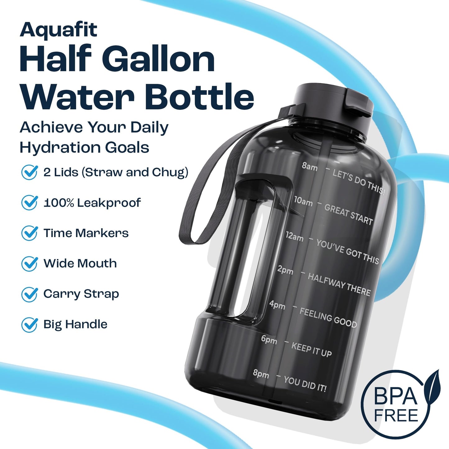 AQUAFIT Half Gallon Water Bottle with Time Marker - Straw & Chug Lid - BPA Free Gym Water Bottle with Straw - Big Gallon Jug (Blue, 64 oz - 2 Lids)