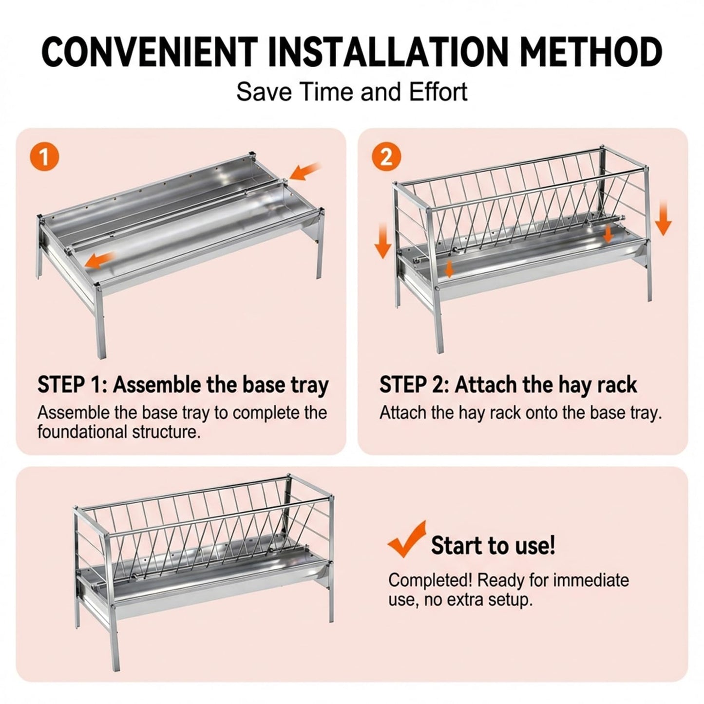 3 in 1 Grain|Water|Hay Feeder, 94-Gallon Capacity|8.0'' Deeper Feeding Pan, Stainless Steel Goat Hay Feeder, 63" Long Livestock Hay Rack for Goats, Sheep, Cow, Horse