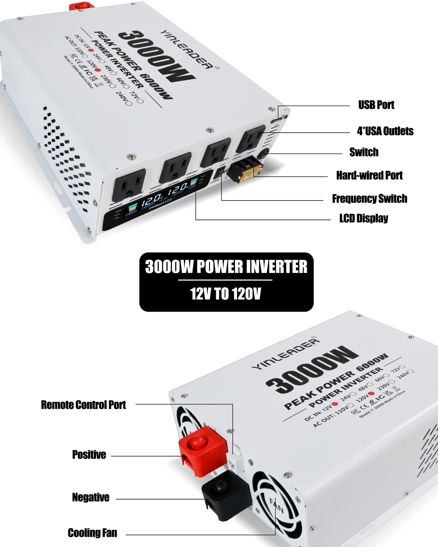 3000W Power Inverter 12V to 110V/120V, Solar Inverter Remote for RV Camping Off-Grid Solar Inverter Systems