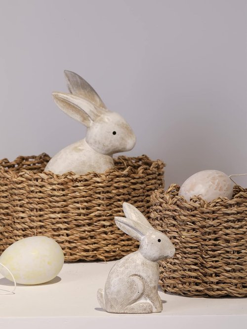 DN DECONATION 3D Bunny Rabbit Figurines - Antique White Spring Easter Decor | Set of 2
