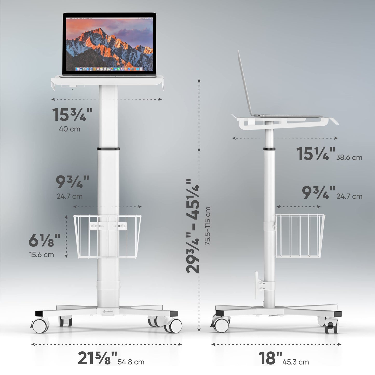 ONKRON Mobile Laptop Cart on Wheels, Load up to 17.6 lbs, Standing Rolling Desk Adjustable Height, Portable Workstation for Laptop/Small Computer Cart for Couch, Home, Office White