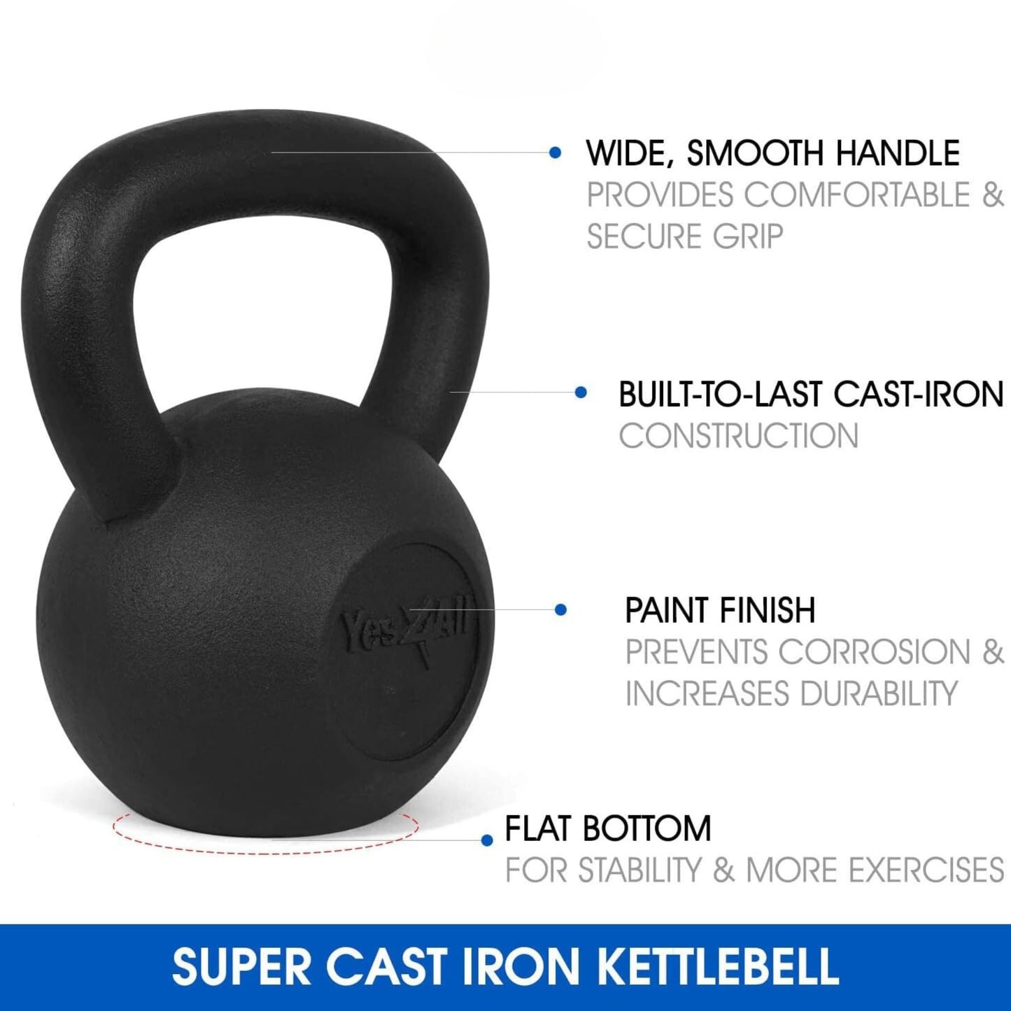 Yes4All Kettlebell Sets - 5, 10, 15 & 20 LB Cast Iron Strength Training Kettlebells, Wide Handles & Flat Bottom for Push Ups, Swings, Squats & Full Body Workout at Home or Gym