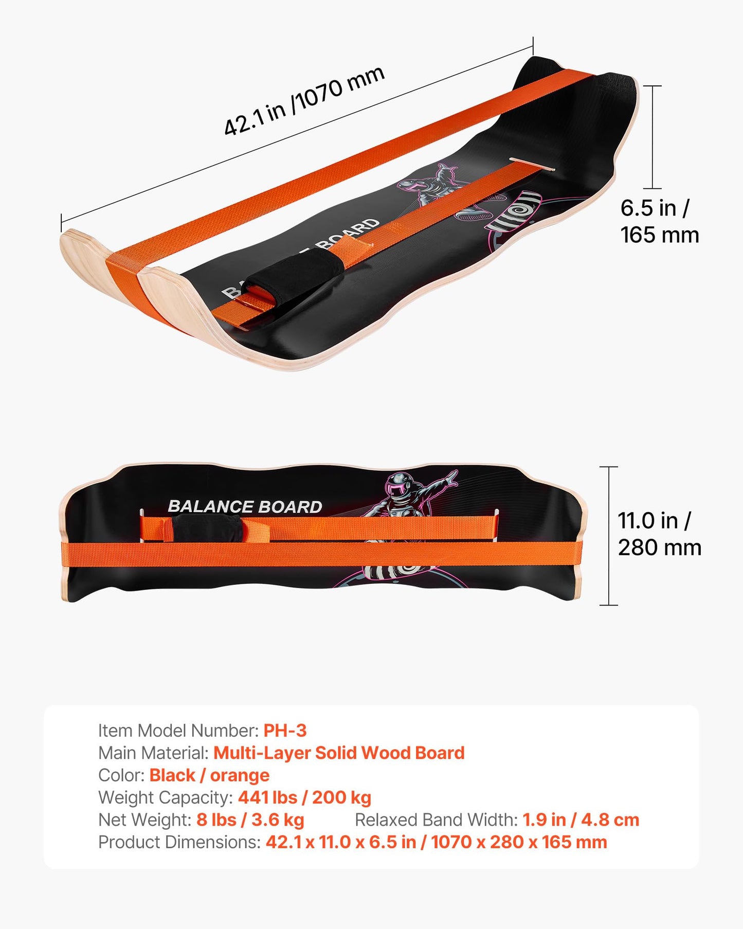 VEVOR Balance Board, Wobble Board Trainer for Adults, Premium Wooden Curved Balance Training Equipment, Compact & Lightweight for Core Workouts, Standing Desk Exercise, Home Gym, Yoga, Black & Orange