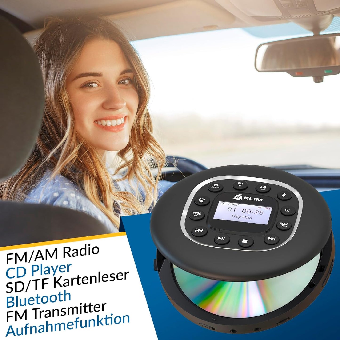 KLIM MP3 Journey - Portable CD Player with Long-Lasting Battery - New - with Headphones - Radio FM - Compatible CD