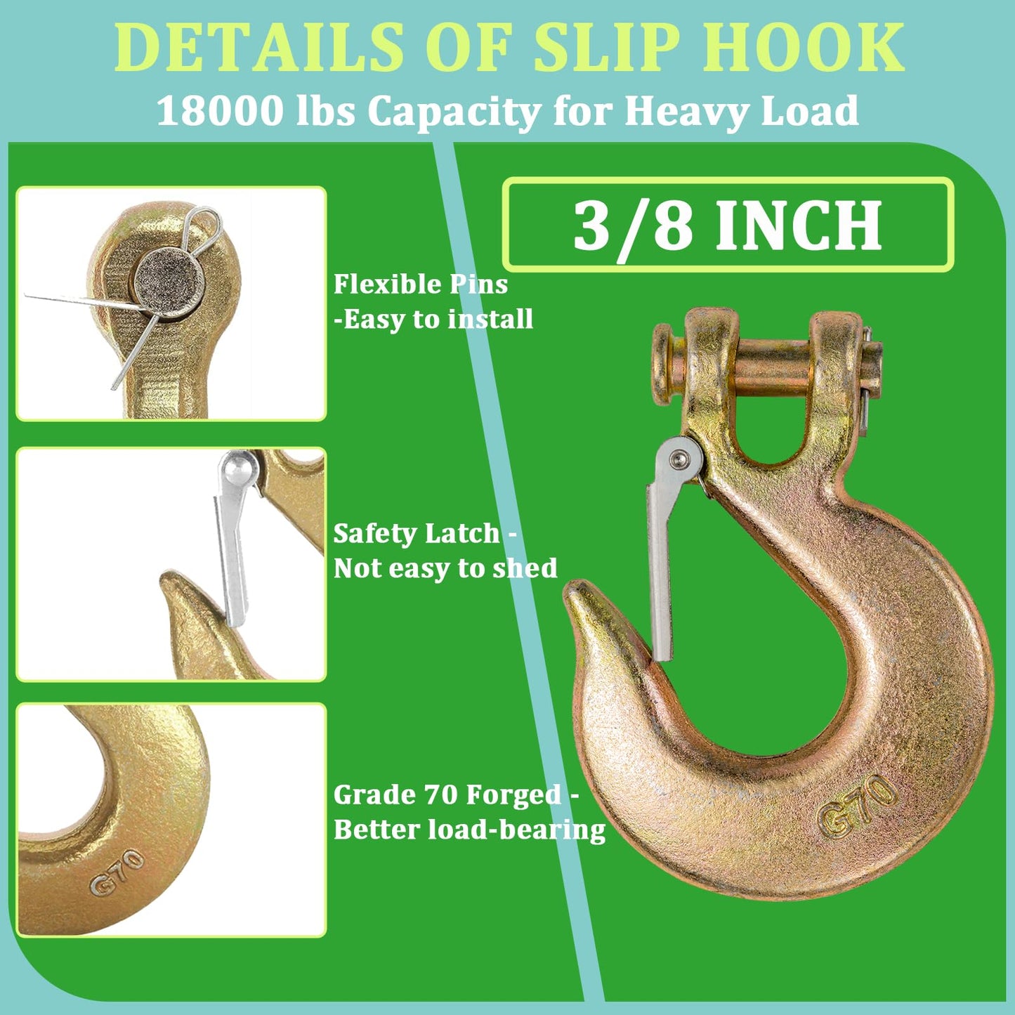 3/8" Heavy Duty Slip Hook, 4 PackGrade 70 Forged Steel Clevis Chain Hook with Safety Latch for Trailer Truck Transport Chain, 18,000 Lbs Working Load Limit, Trailer Safety Hooks, Tow Hook