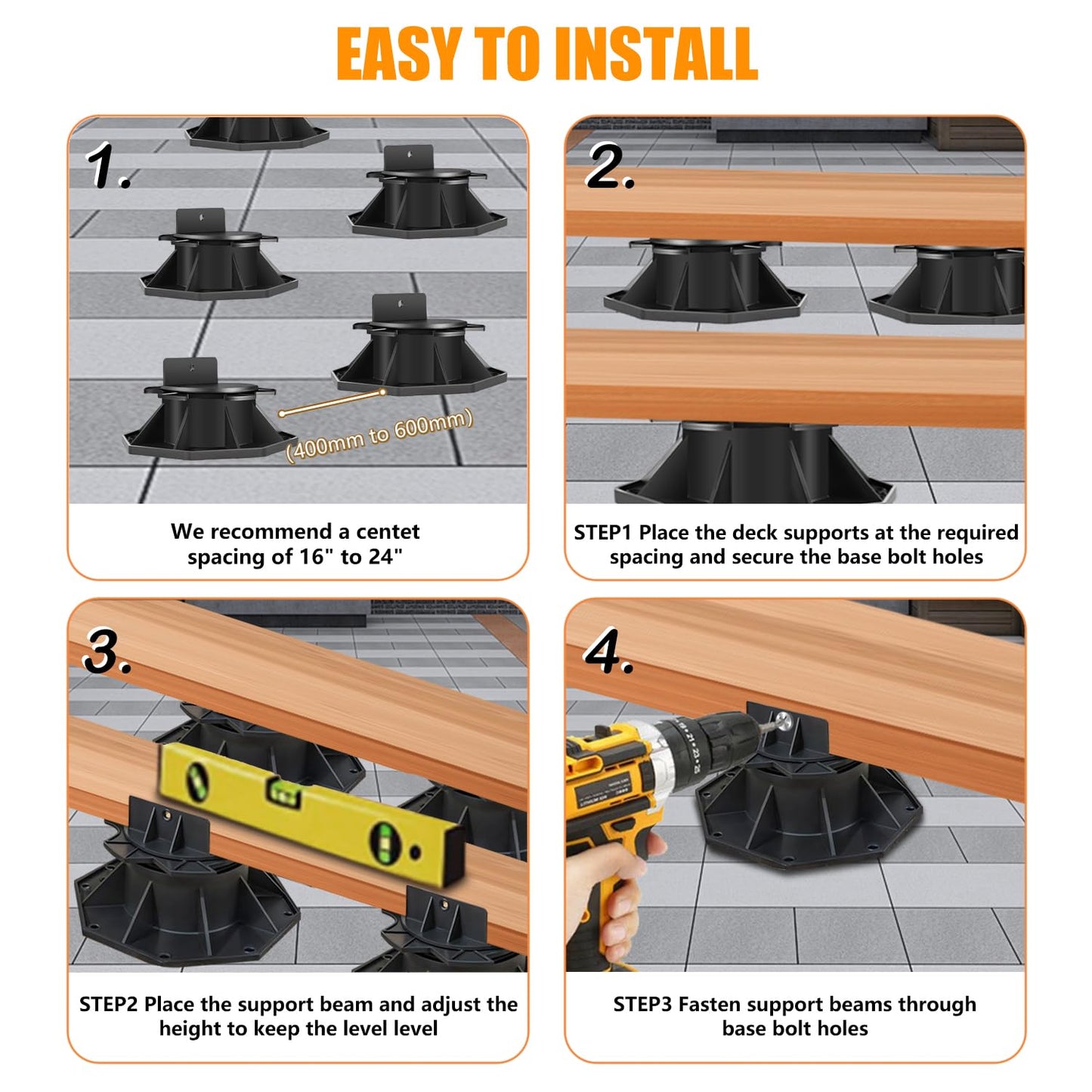12Pack Adjustable Deck Support Pedestal Deck Foundation Base Support，Used for Floating Deck Platform Deck Floor Height Adjustment Raising, Adjustment Raising from 2-3/8" to 5-1/2", Black