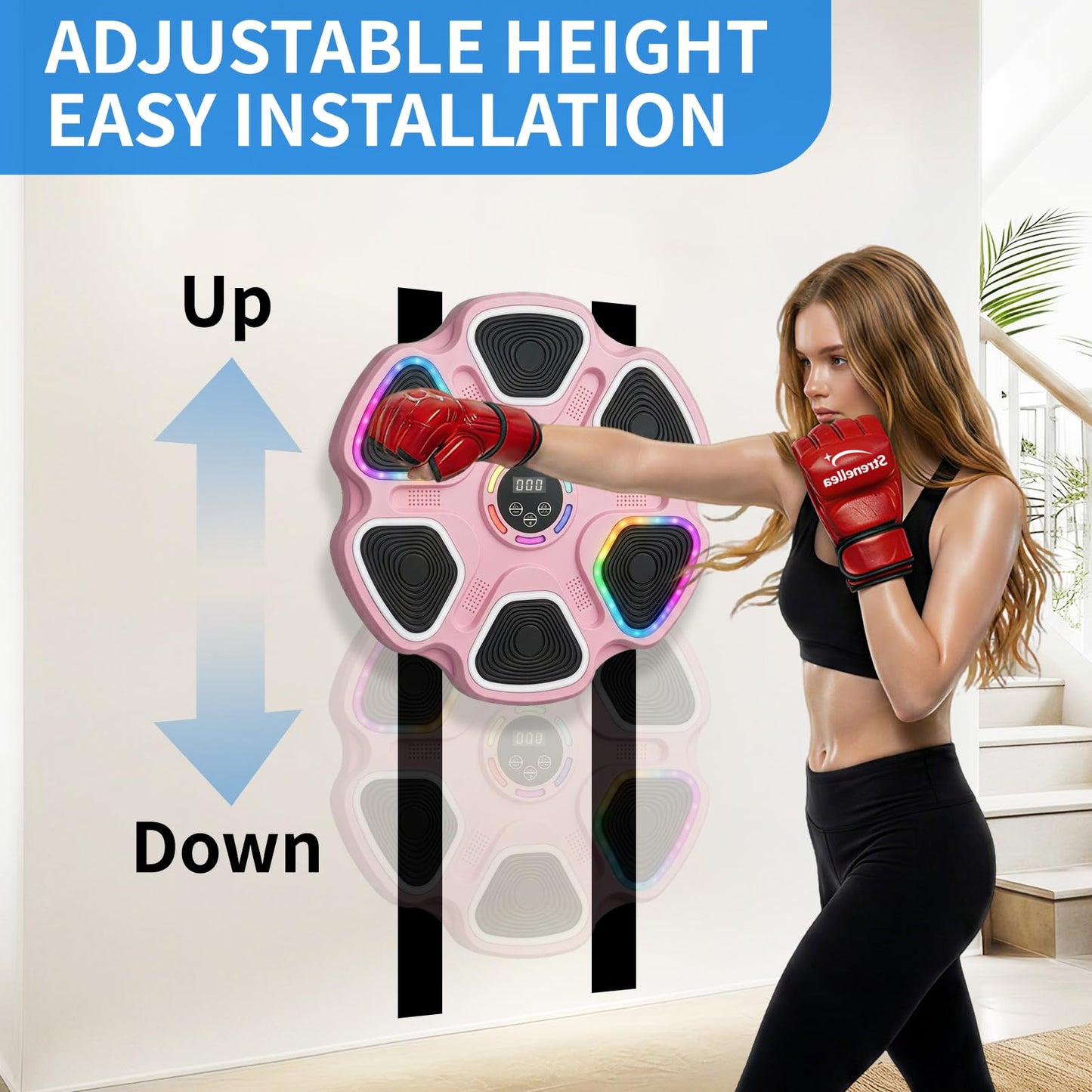 Music Boxing Machine for Adults & Kids, Interactive Music Punching Machine with 2 Gloves, Large Size Wall Mounted Electronic Boxing Target with 11 Modes & 9 Speeds for Home, Office and Gym (Pink)