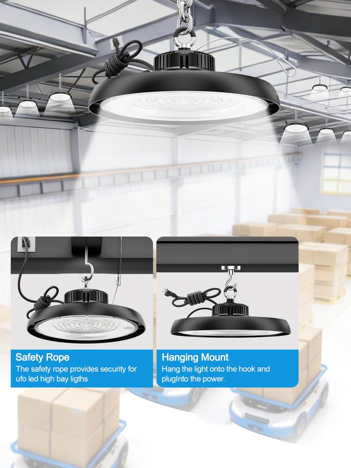 YAHOLUMIN 6Pack 200W UFO LED High Bay Lights, Ultra Bright 30000LM 5000K Daylight High Bay LED Shop Lights for Warehouse Workshop Garage with US Plug & Safety Rope Commercial Bay Lighting