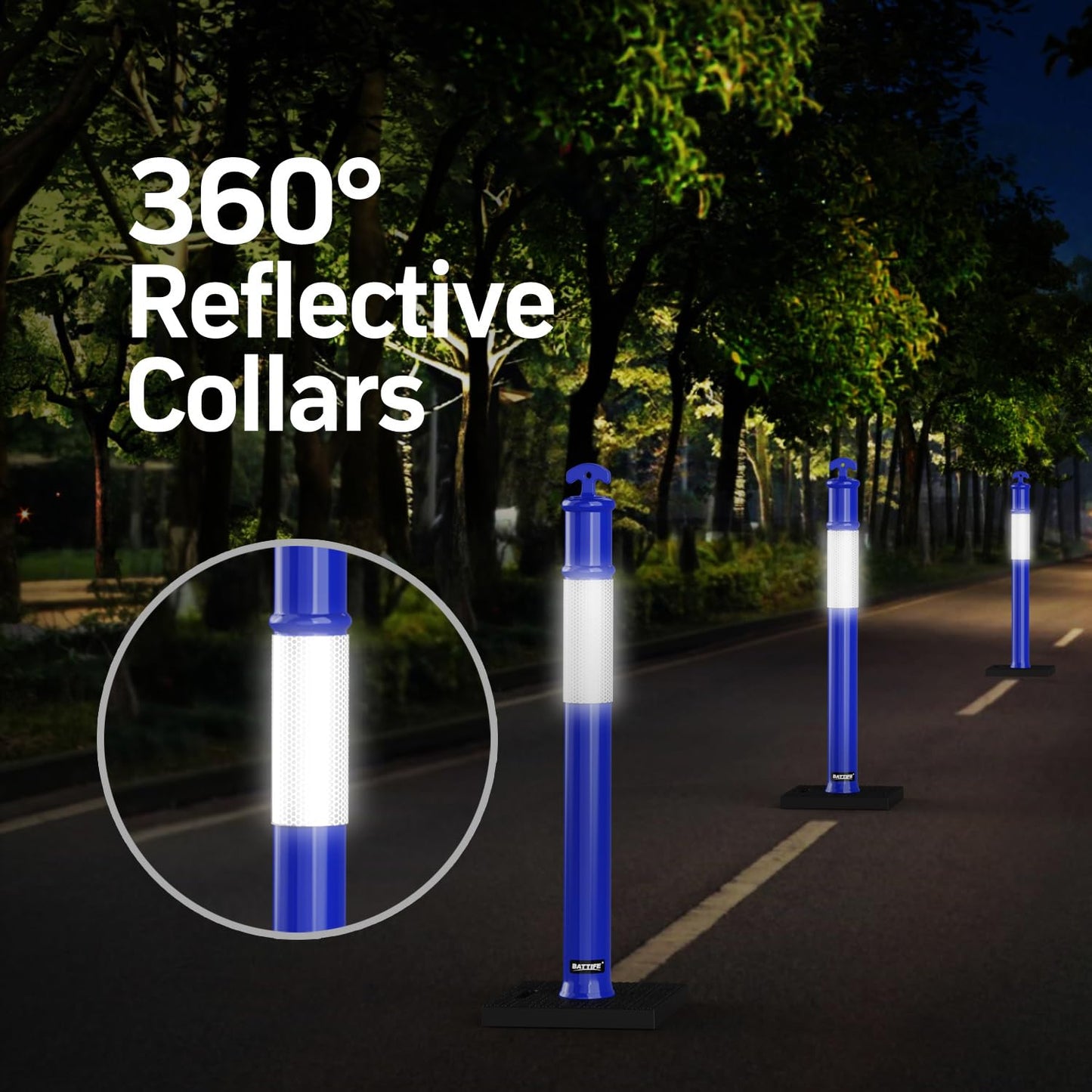 BATTIFE 45" Delineator Post with Base, Traffic Delineator Cones with Reflective Collar for Driving Practice, Construction Work (3, Blue, 45 inch)
