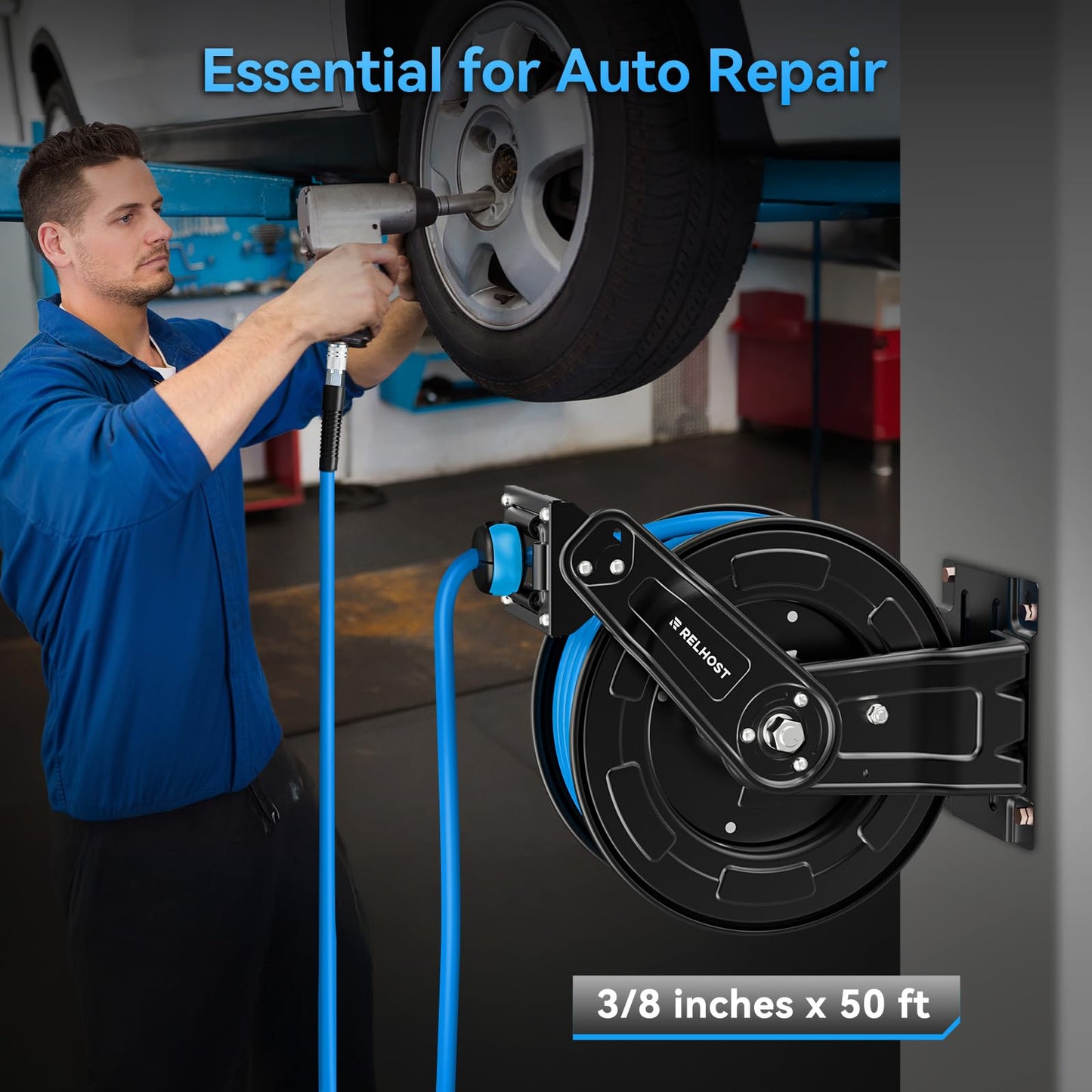 Relhost Retractable Air Hose Reel, 50 ft x 3/8 in Hybrid Air Hose Max 300PSI, Heavy Duty Air Compressor Hose Reel with Auto Rewind, Ceiling/Wall Mount for Garage, Workshop, Home Studio