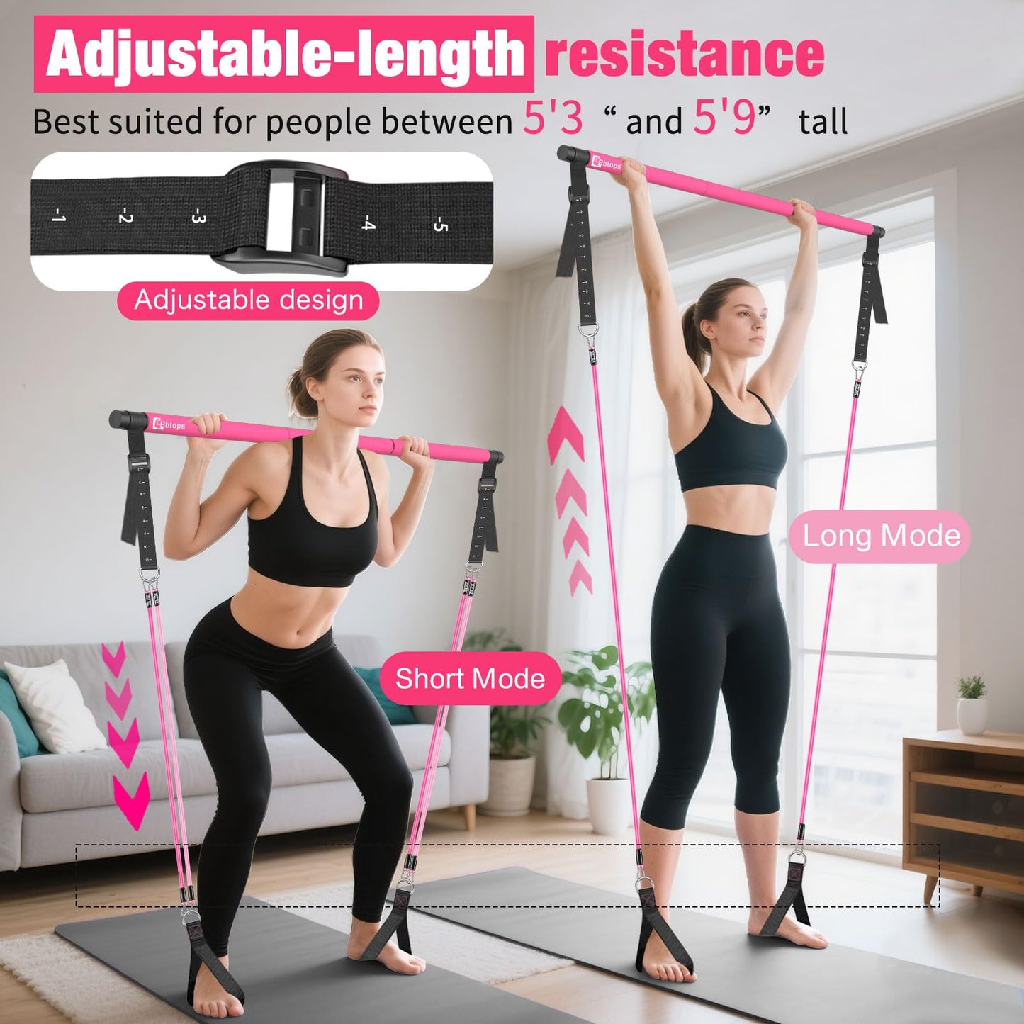 Bbtops Pilates Bar Kit with Resistance Bands(4 x Bands),3-Section Pilates Bar with Stackable Bands Workout Equipment for Legs,Hip,Waist and Arm,Portable Home Gym for Women Full Body (Pink30lbs,40lbs)