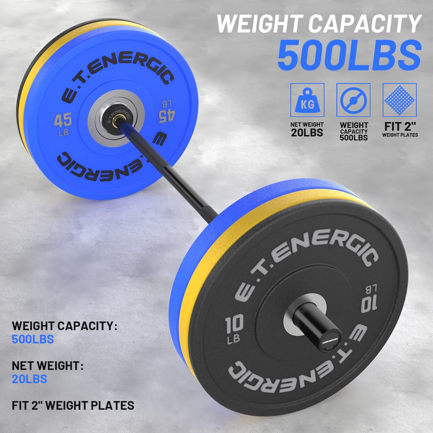 E.T.ENERGIC 4ft Olympic Barbell - Heavy Duty Chrome Steel Weightlifting Bar for 2-Inch Plates, 500LBS Capacity Bar with Knurled Grip & Ball Bearings - Compact Strength Training Barbell for Men & Women Home Gym Workout, Black