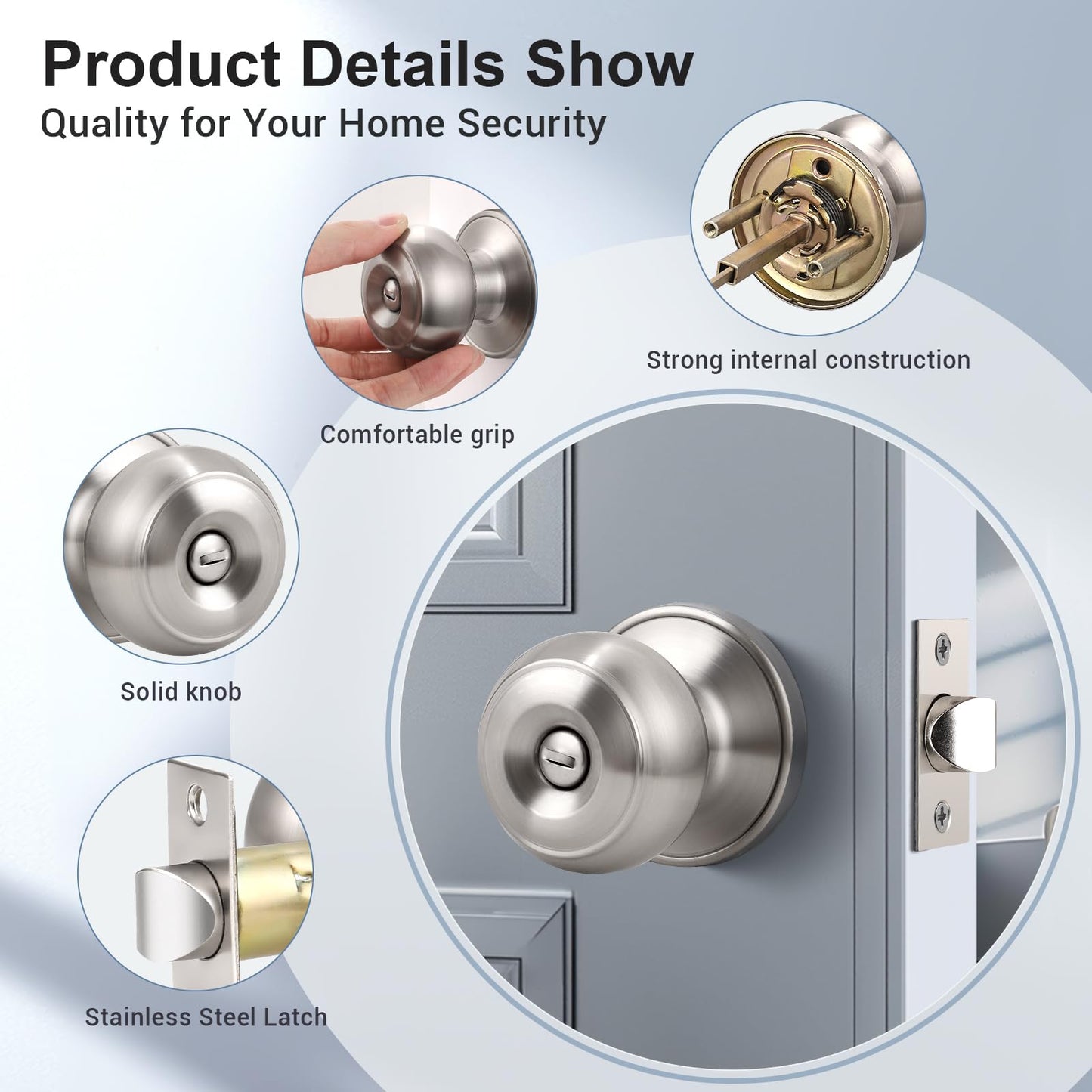 KNOBWELL Privacy Door Knob with Lock in Brushed Nickel Finish for Bedroom and Bathroom, Indoor Security Door Handle with Privacy Lock, Satin Nickel Interior Door Knobs