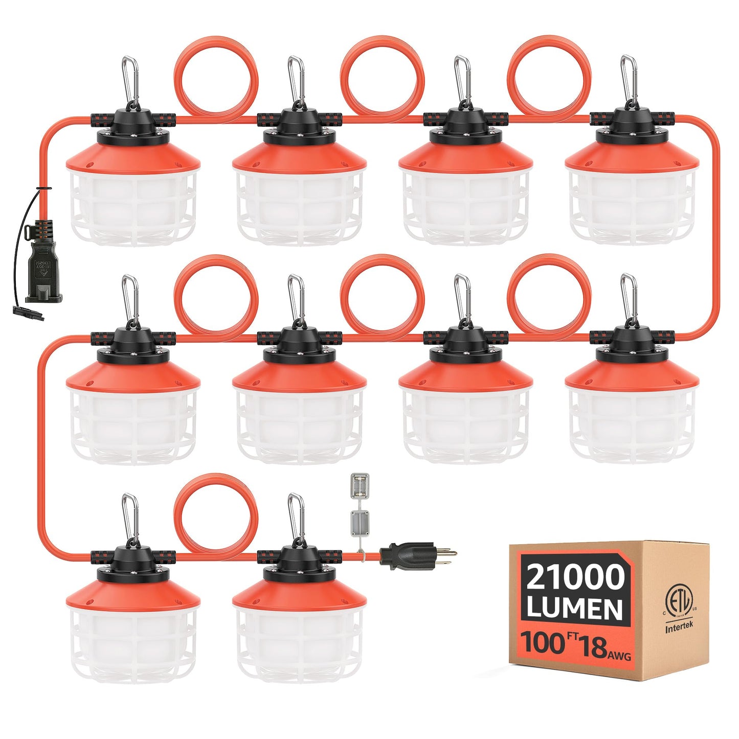 Omlite Construction String Lights: 100FT 3 Prong 150W Linkable Super Bright LED String Lights for Construction Sites Temporary Jobsite IP65 Waterproof 18AWG Wire Work Light with Cage