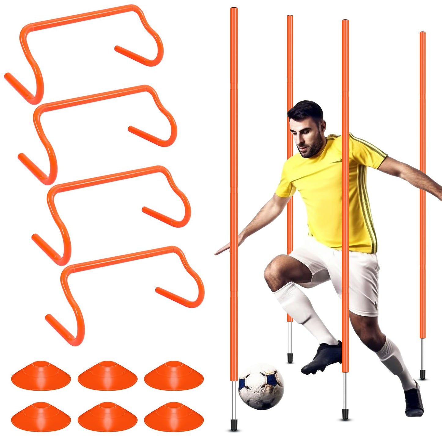 JellyArch Agility Training Equipment Soccer Speed Training Includes 4 Adjustable Soccer Agility Poles 4 Agility Hurdles 6 Soccer Cones for Youth Adults Athletes Football Soccer Training(Orange)