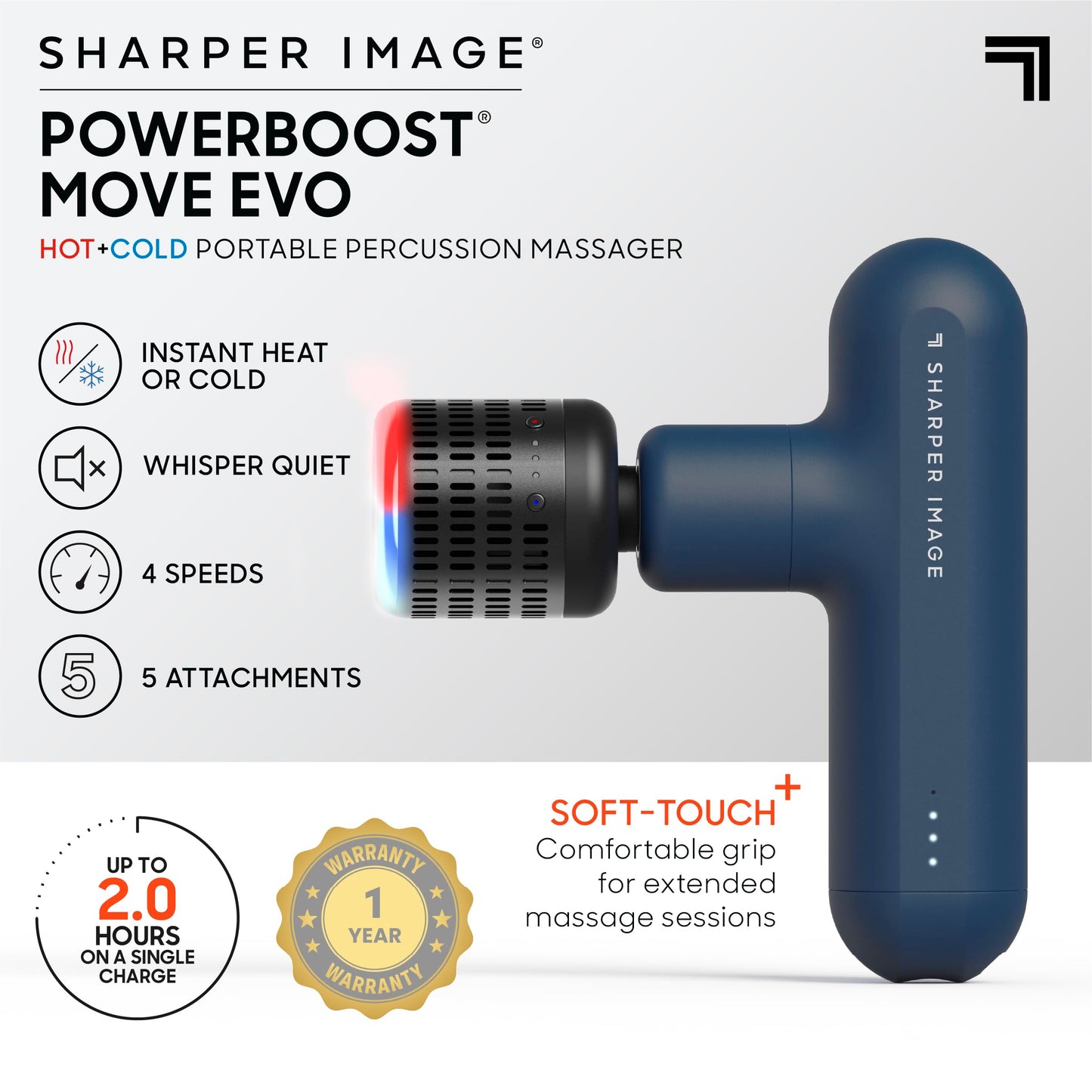 Sharper Image Deep Tissue Percussion Massage Gun, Powerboost Move Evo Hot & Cold Rechargeable Handheld Massager, 4 Adjustable Speeds, 5 Attachment Heads & Carrying Case, for Muscle Pain Relief, Blue