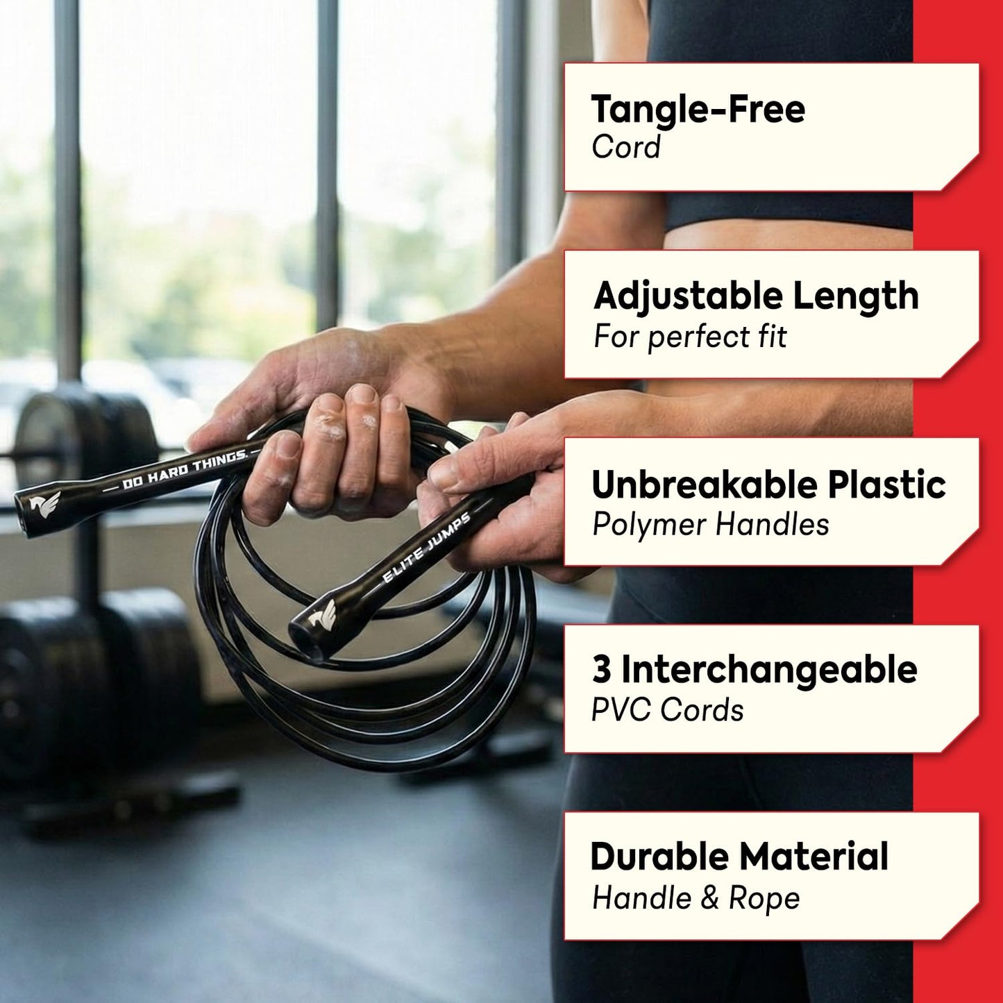 Elite SRS, Do Hard Things PVC Jump Ropes for Fitness Training Set Includes 3 Different Rope Thicknesses for Increasing the Intensity of Your Workouts IndoorOutdoor Adjustable Jump Rope with