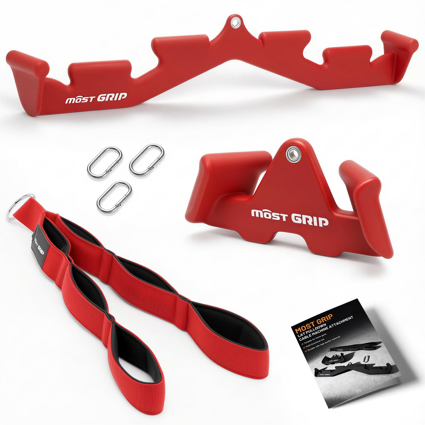 MOST GRIP Multi-Functional Cable Machine Attachment Set, Ergonomic LAT Pulldown Attachment for Whole Back Training, Cable Attachments for Gym Home Include Tricep Rope and 2 LAT Pull Down Bar (Red)