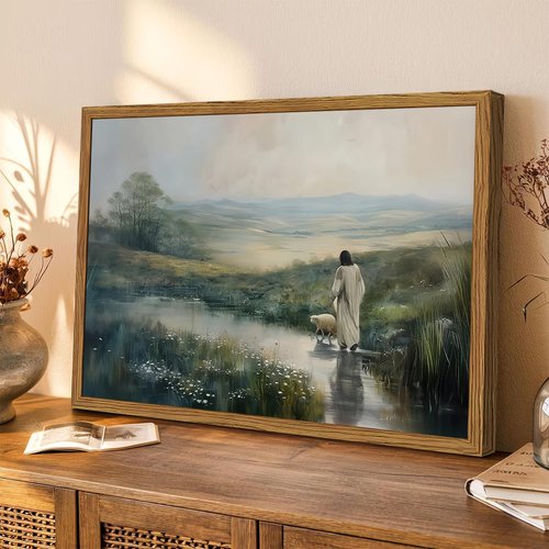 Framed Jesus Wall Art - Christian Decor Featuring Jesus and Lamb | 12x16 Inch Canvas Print