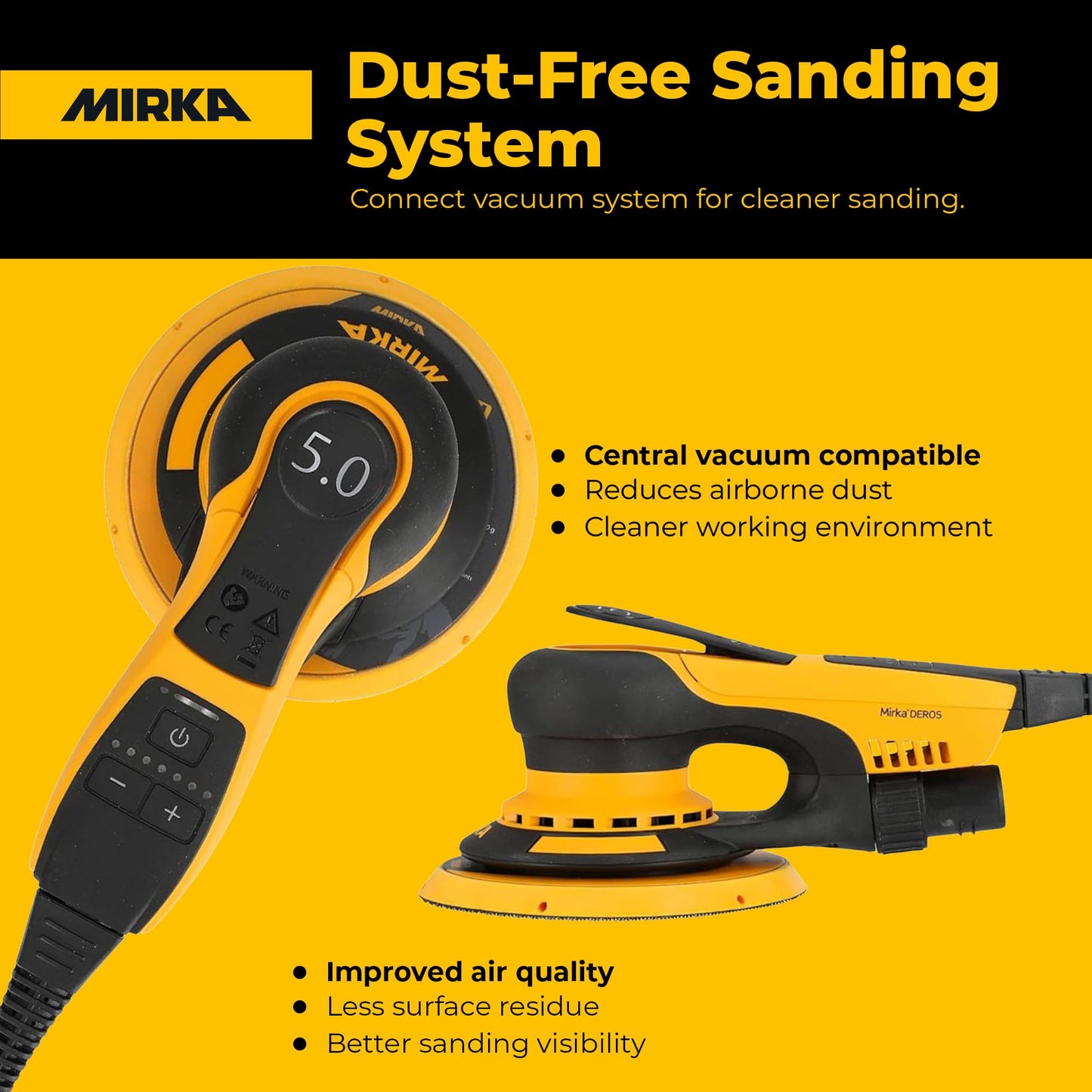 Mirka DEROS II 650 Dust-Free Sander, 6 Inch Hook & Loop - 5.0mm Orbit Random Orbital Sander – 110V Electric Power Tool for Woodworking, Drywall, Automotive Car & Wood Sanding
