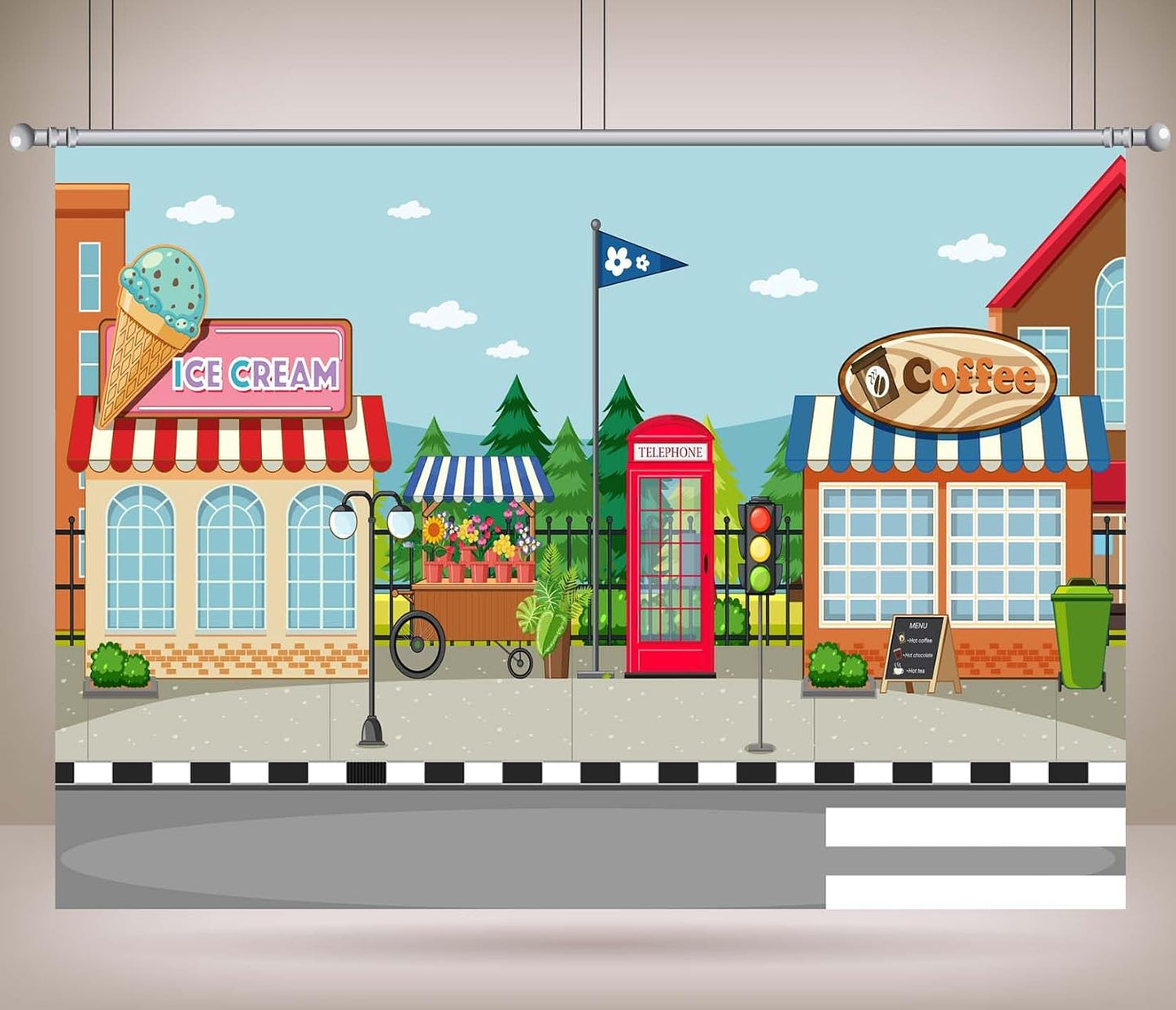 CORFOTO 10x8ft Fabric Town Street Backdrop Ice Cream Coffee Shop Red Phone Booth Urban Scene Photography Background
