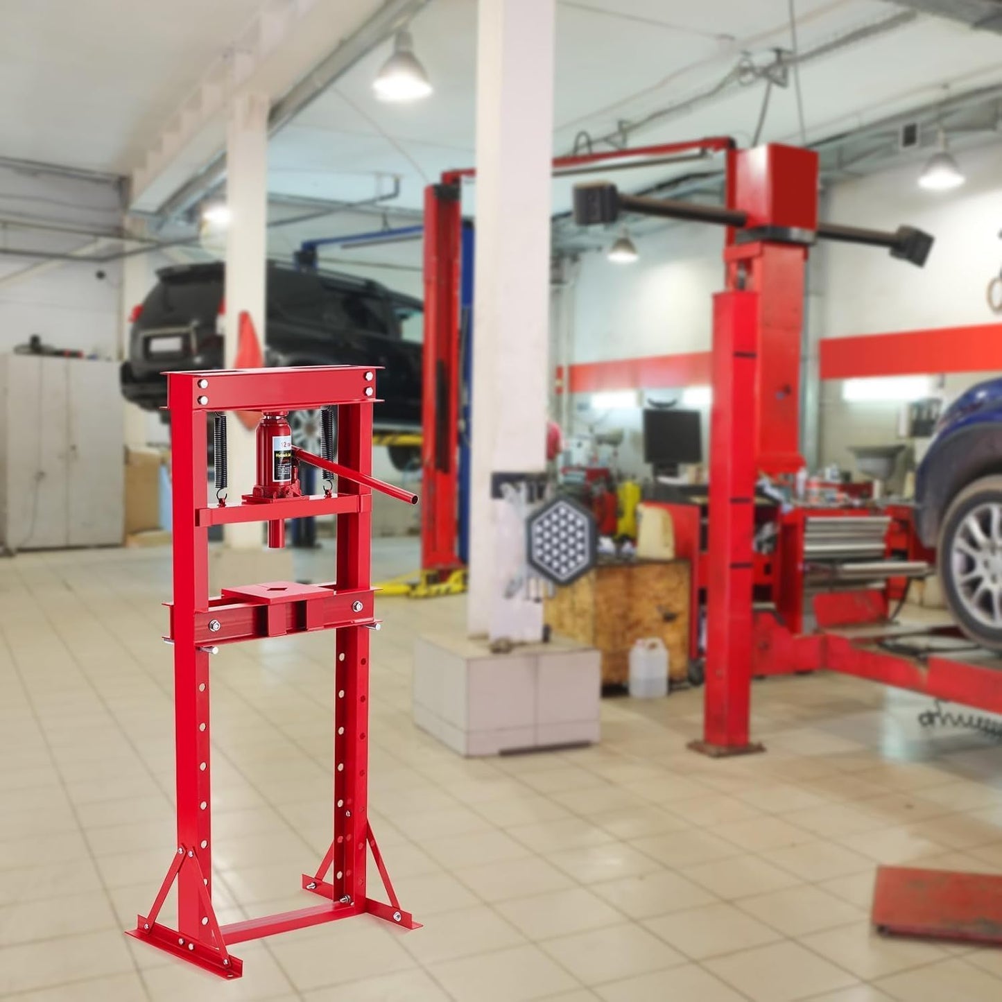 12 Ton Hydraulic Press with Adjustable Table, Heavy Duty H-Frame Hydraulic Shop Press with Movable Plates, Ideal for Auto Repair, Metal Bending, Garage Use, Red