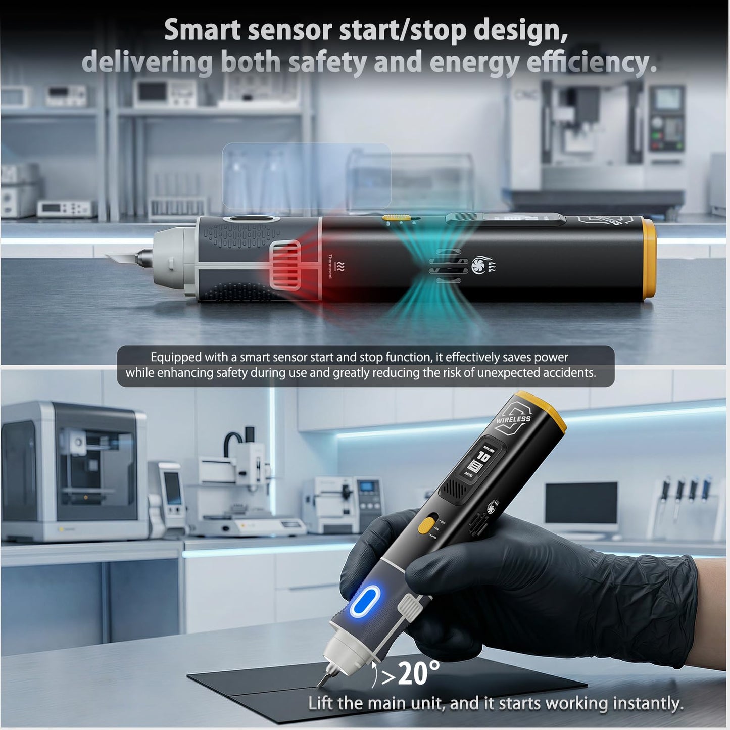 2-in-1 wireless ultrasonic cutter, 40kHz, 30W high power, 1000mAh battery, with AC adapter and USB cable. Features cooling system, smart start-stop and LCD display, can cut a variety of materials.