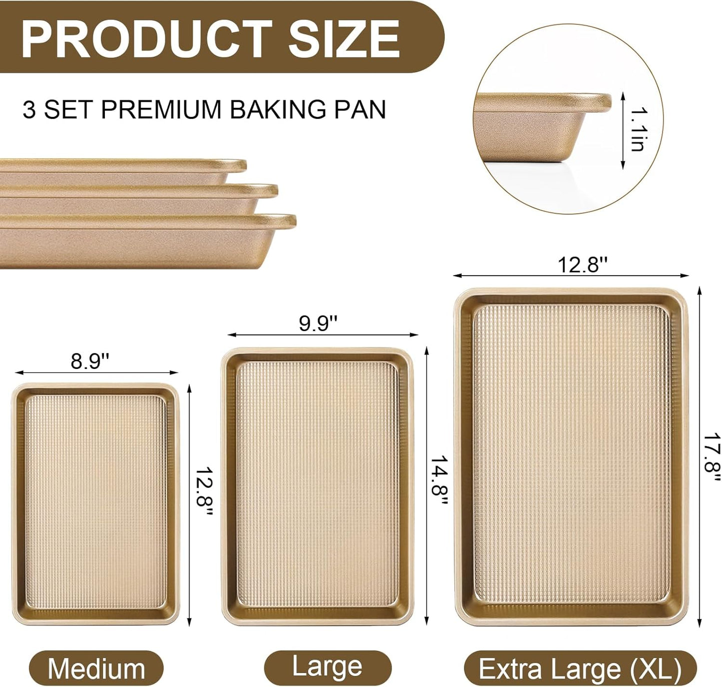 Skiennix Baking Sheet Pan Set - Nonstick Cookie Sheets | Heavy Duty Carbon Steel | 3-Piece Set