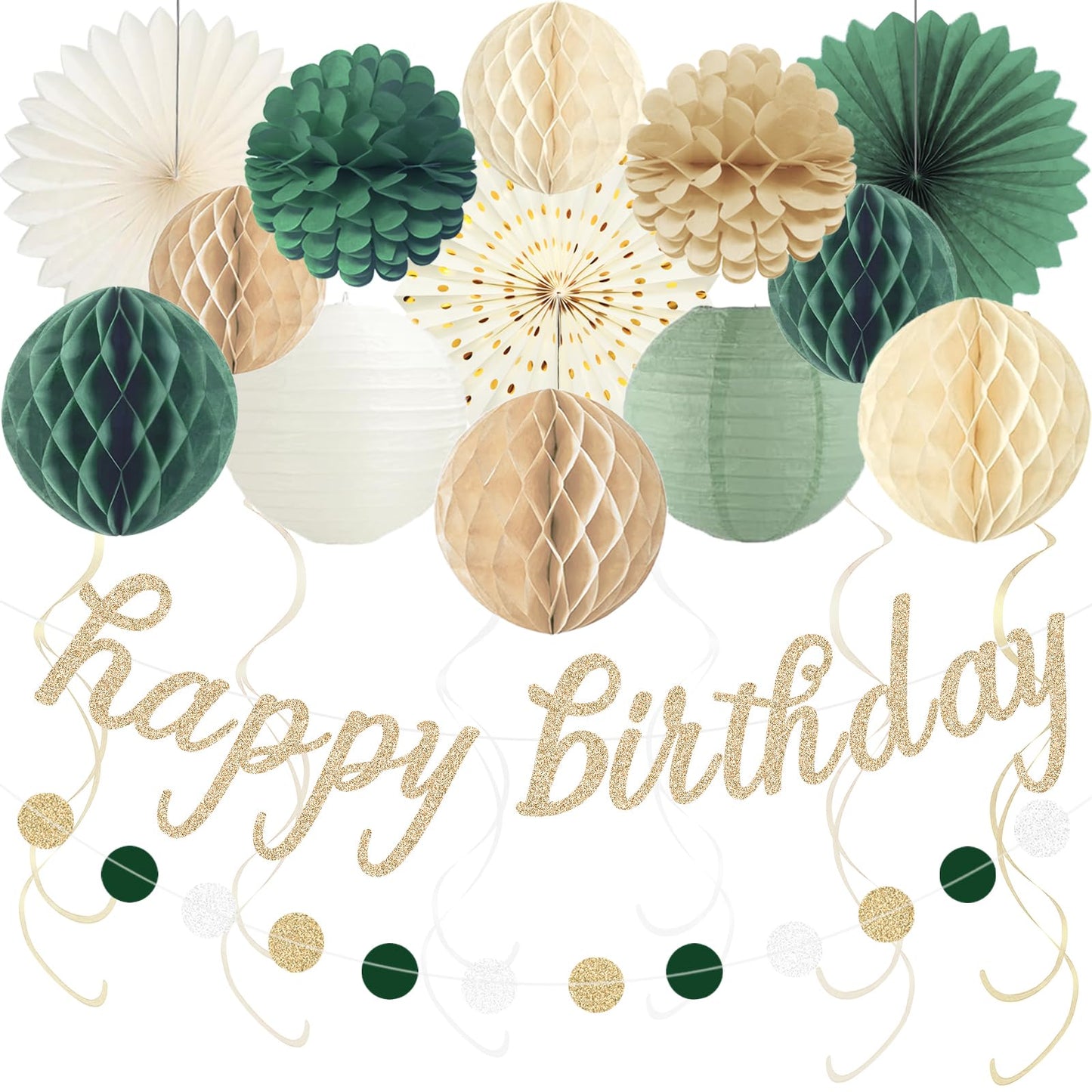 Sage Green Happy Birthday Decorations, Pre-Strung Happy Birthday Banner with Honeycomb Balls, Paper Flowers, Lanterns, Hanging Swirls, Circle Dots Garland for Birthdays Party Decorations 24pcs