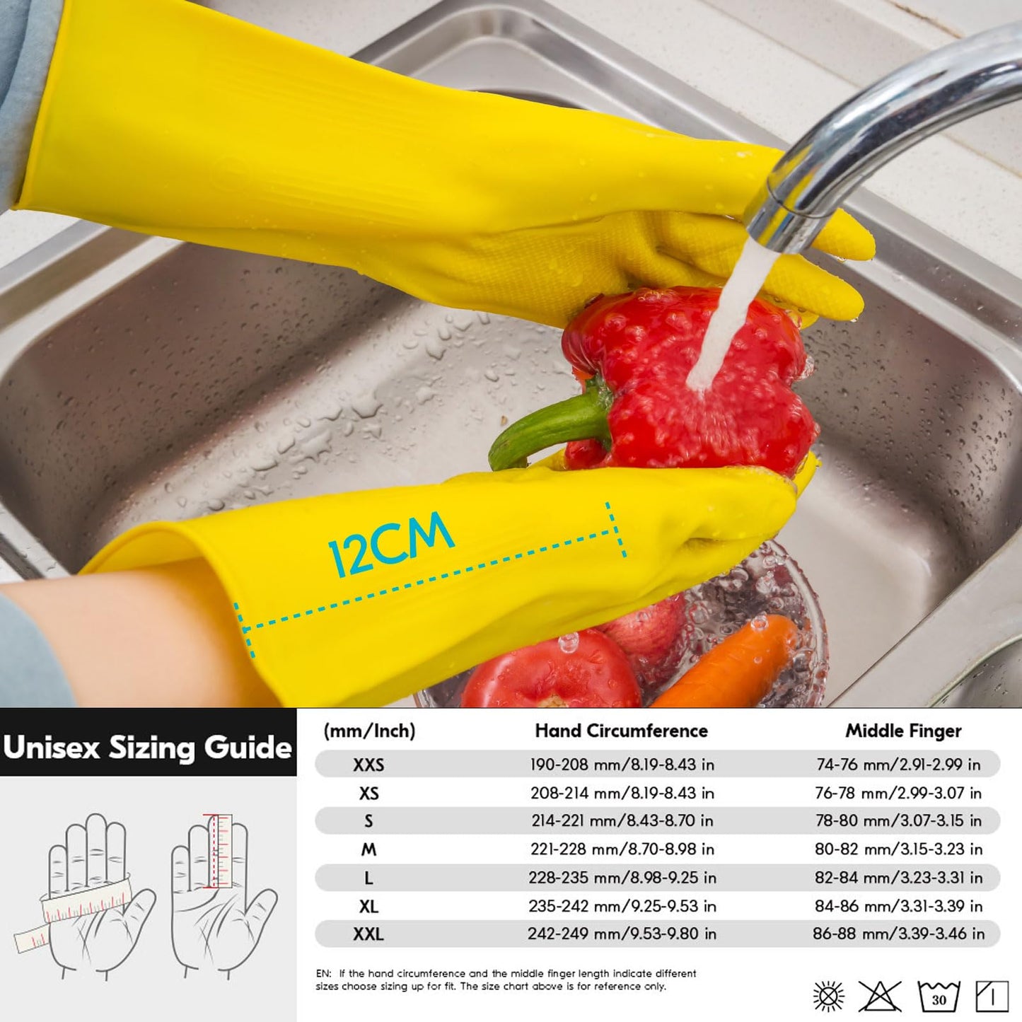 Vgo... 3-Pairs Reusable Household Gloves, Rubber Dishwashing gloves, Extra Thickness, Long Sleeves, Kitchen Cleaning, Working, Painting, Gardening, Pet Care (Size L, Yellow, HH4601)