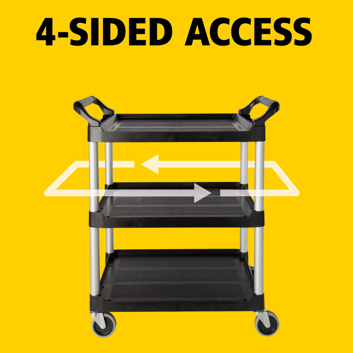 Rubbermaid Commercial Products Heavy Duty 3-Shelf Rolling Service/Utility/Push Cart, 200 lbs. Capacity, Black, for Foodservice/Restaurant/Cleaning/Warehouse/Garage