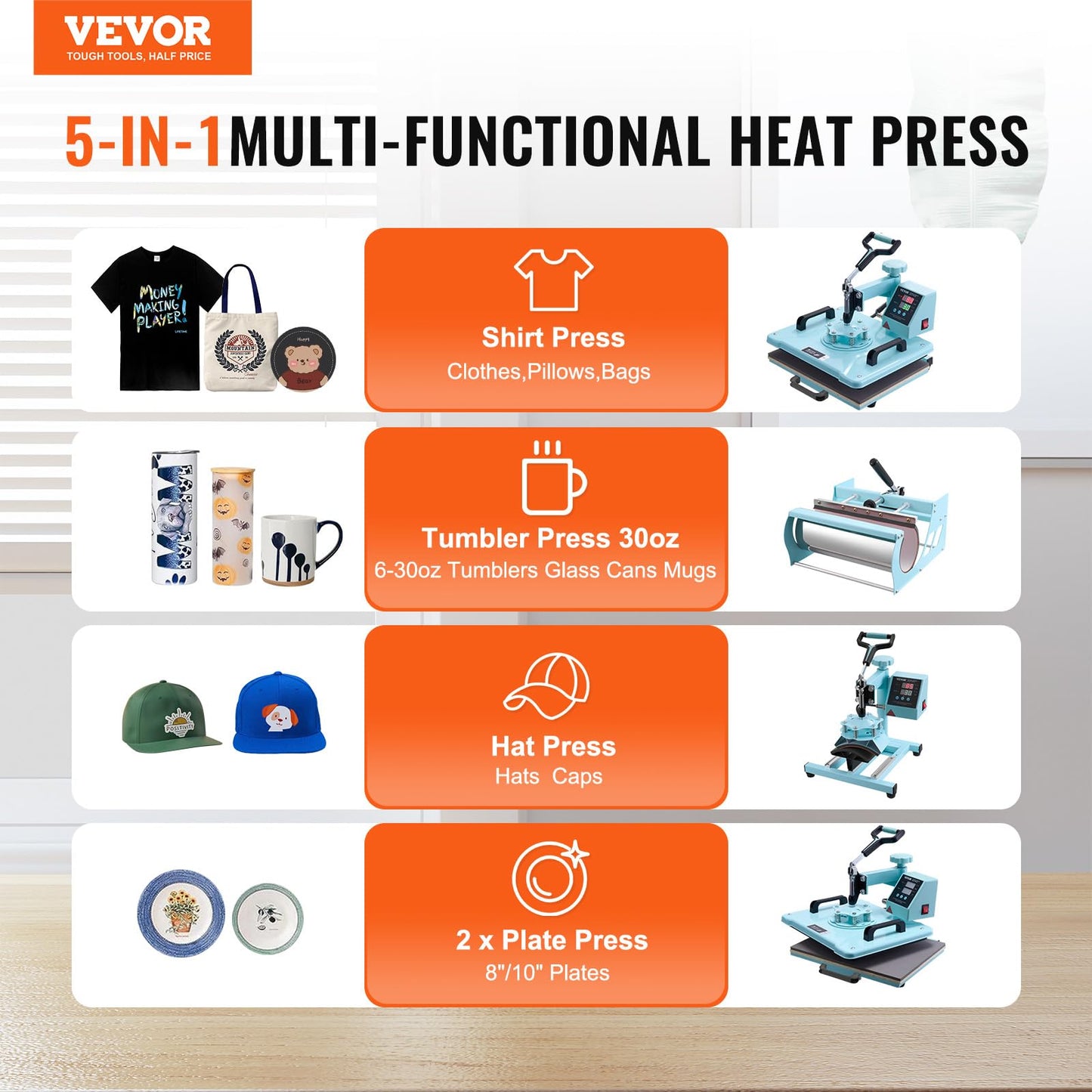 VEVOR 8 in 1 Heat Press with 30 OZ Tumbler Press, Hat Press, 360° Swing Away 12 x 15 inch Heat Press Machine for T-Shirts/Mugs/Hats/Plates, Light Green
