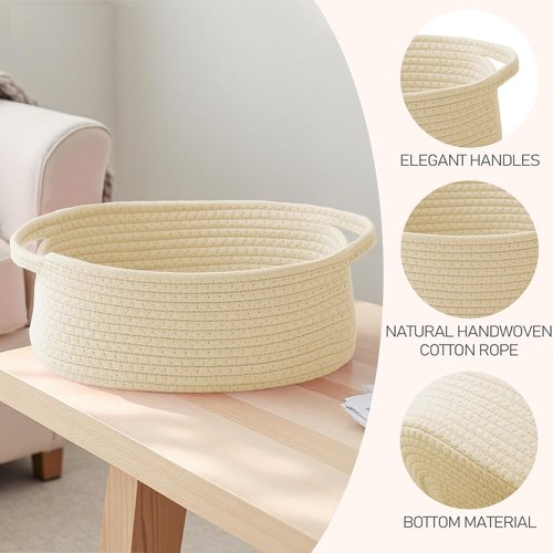 JMvicyroam Woven Basket - Small Rope Storage Bin with Handles for Organizing Shelves & Closets | Beige